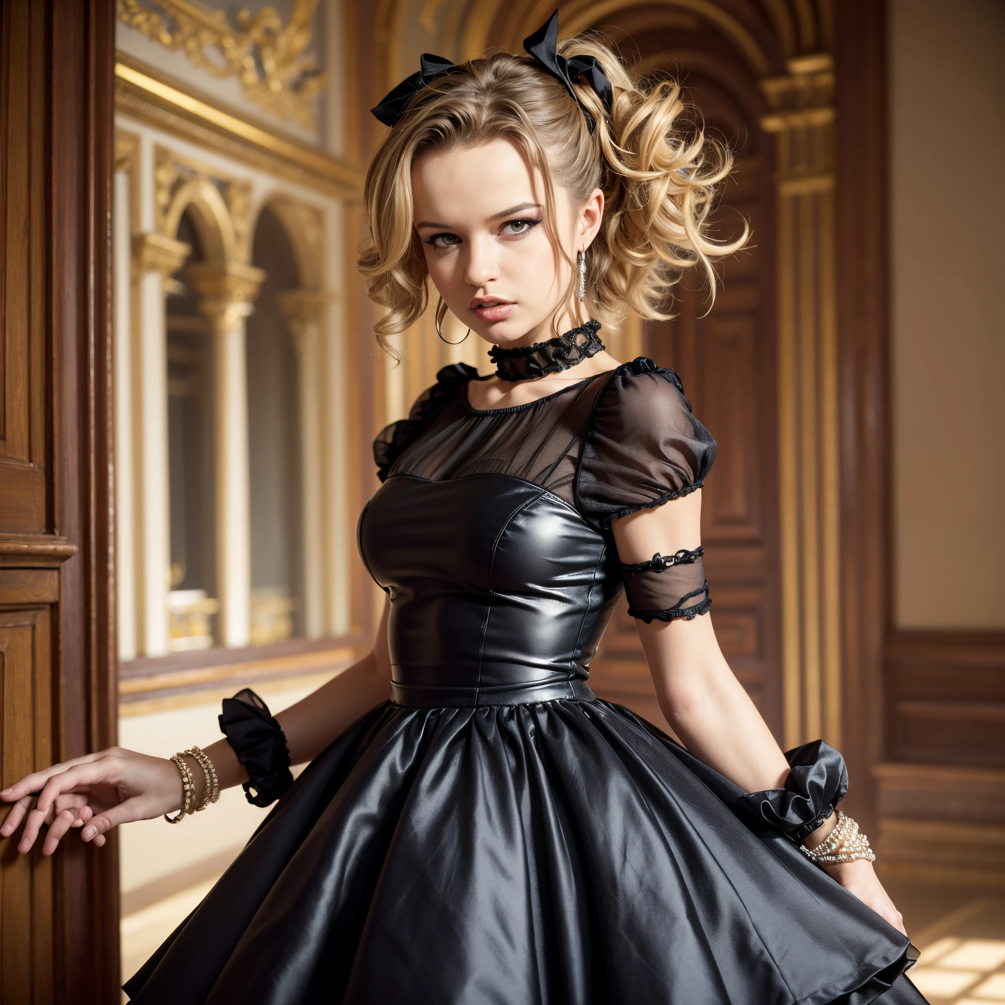 (Best quality, 8k, 32k, Masterpiece, UHD:1.2), ruffled black dress, eyeliner, bracelets, renatadaninsky