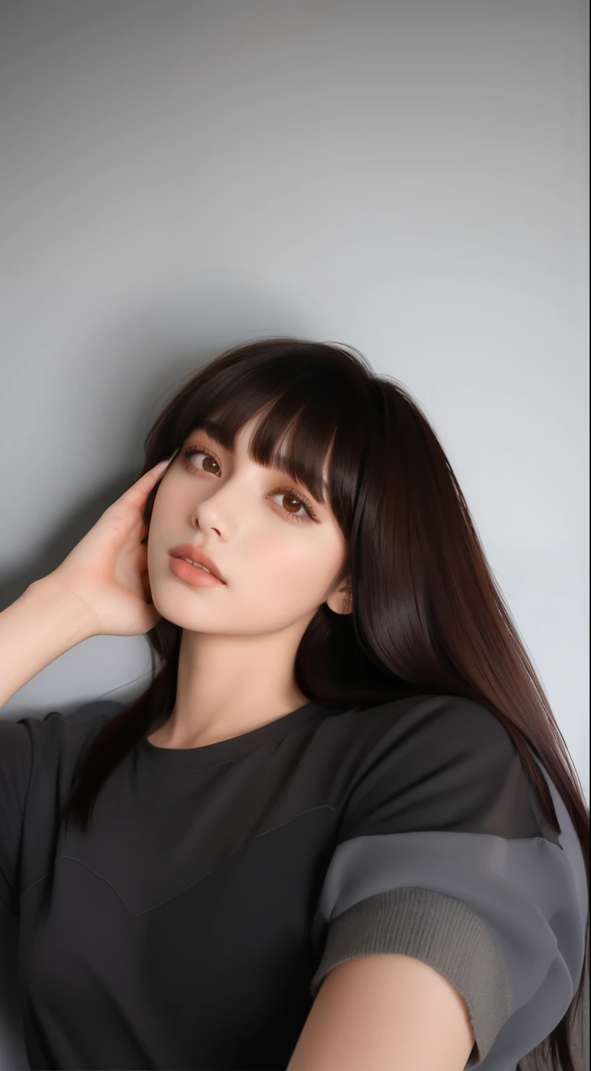 Hay una mujer con el pelo largo posando para una foto, Ella tiene el pelo negro con flequillo, Cabello limpio con flequillo, con flequillo, Cabello largo y oscuro con flequillo, Cabello largo y negro con flequillo, brown hair and bangs, flecos rectos, Foto de perfil de portait, auburn hair with bangs, flequillo recto, Pelo largo con flequillo, con cabello negro lacio, Retrato de alta calidad