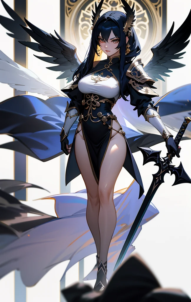 arafed woman in a cosplay outfit holding a sword and a sword, villainess has black angel wings, as a mystical valkyrie, stunning cgsociety, ornate cosplay, angel knight gothic girl, cinematic goddess body shot, angel knight girl, full body cgsociety, unreal engine render + a goddess, chengwei pan on artstation, stunning armor