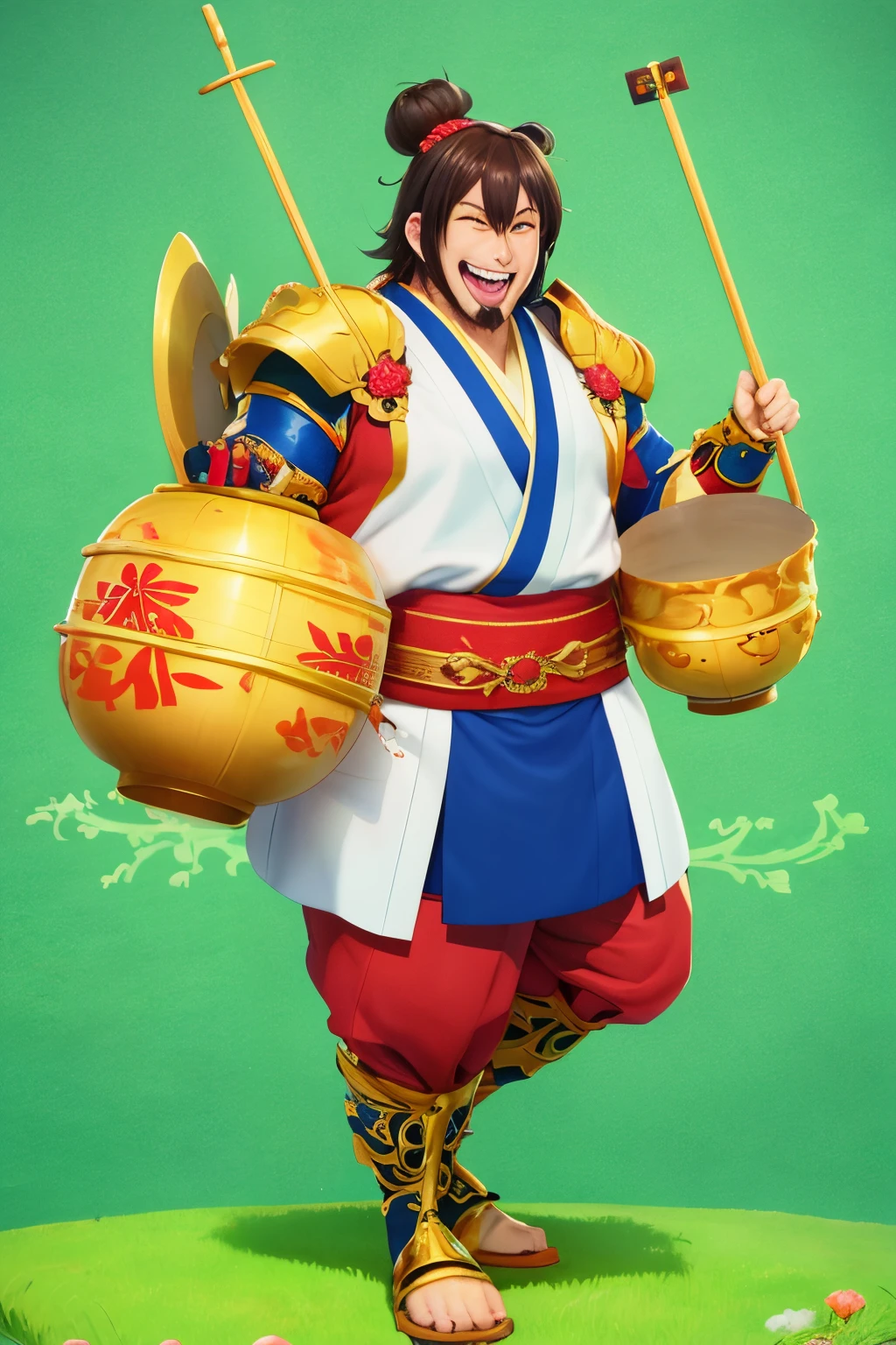 A full color anime drawing of a comedian warrior named Tamashiro, anime style, he is half japanese half chinese, he is a little chubby, a happy man's face with a goatee, brown eyes, he has an average build, his hair is in a top bun, he is a joker and loves to laugh, very baggy and colorful decorative and ornate magic armor with elements of japan and the japanese flag, he is witty, he is playing enormous taiko drums that are larger than a person, he looks like he is shouting a chant about war, lighthearted, he is ready for action, full body portrait, high definition, high quality