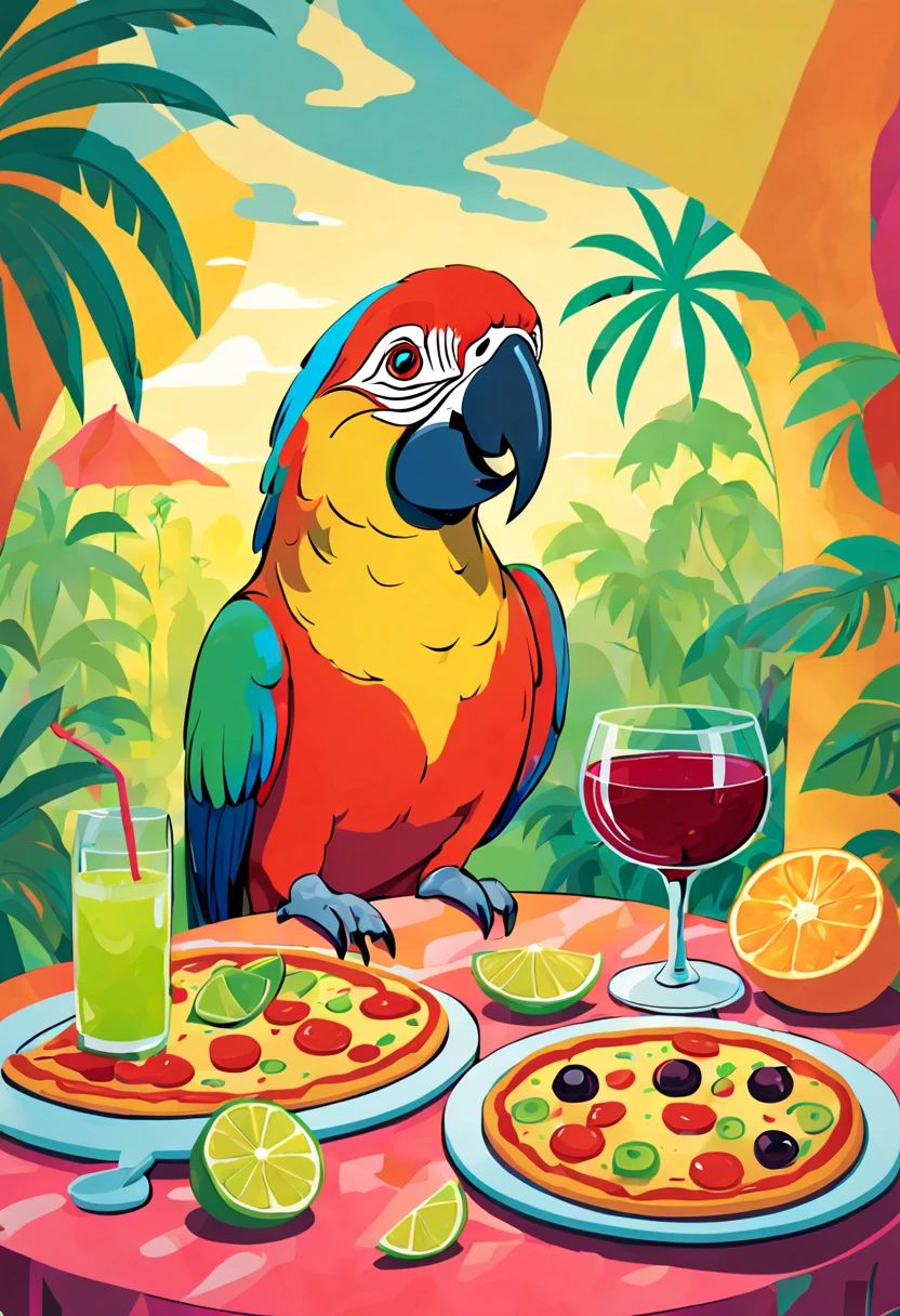 there is an orange parrot sitting on a table with a margarita pizza and a glass of red wine, party in jungles, munching pizza, dinner is served, parrot, cartoonish drawing, Kandinsky style, in the Picasso style