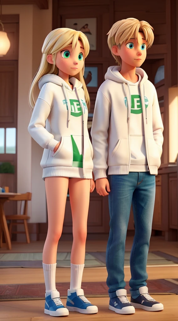 Make me a couple with white clothes and white hoodies with a brown long hair that has Letter N on her hoodie and she has green eyes and she is with blonde haired guy with blue eyes thats taller than her and muscular with letter T on his hoodie make sure letters on hoodies are visible.