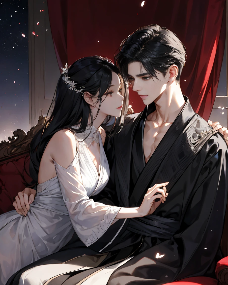 tmasterpiece, Best quality at best, 8K, high detal, ultra - detailed,of a handsome man，Wearing a classic black noble robe，cabelos preto e longos。His facial features are very distinct，The expression is focused and gentle，Look at the girl next to you。The girl is wearing a beautiful red dress，The hairstyle is elegantly coiled，Showing slender collarbones and delicate ears。Her lips opened slightly，Their hands touch lightly。the whole bedroom，luxury sofa，The blue curtains flutter gently，natta，starrysky，petals，Looking from the front to the side，The man bowed his head，looking at girl tenderly，Their bodies are trembling slightly，Feel each other's breathing and heartbeat。The whole picture is full of romance and affection，Let people feel the charm and power of love。Darkness and light