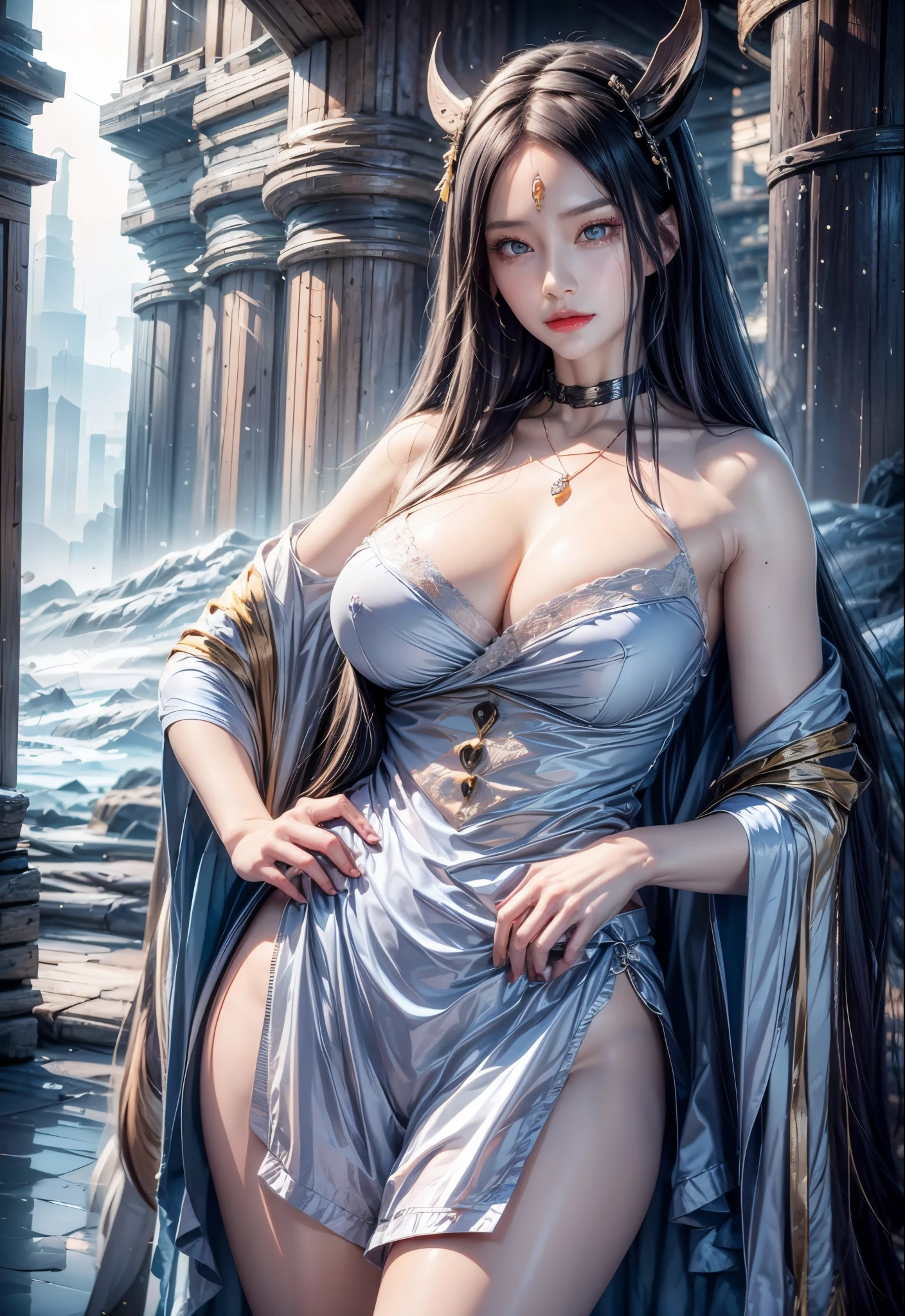 realistic, 1 women, best quality, 12k, HD, long hair, big round breasts, cleavage, ponytail, necklace, jewelry, shorts, short jacket, slim hips, hair tie, yellow eyes, black hair, super detailed, Eye details, hair details, person details, mouth details, face details, breast details, clothes details, hair details, pants details, hand details, whole body