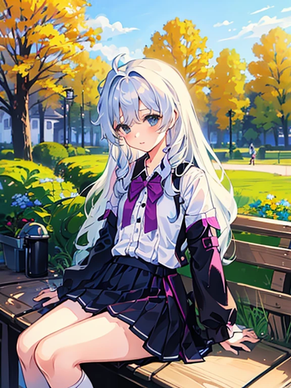 Girl with white hair，sitting on a bench，Set in the park，Pure and cute，With a petite figure，***，Black JK school uniform，jk white uniform skirt，