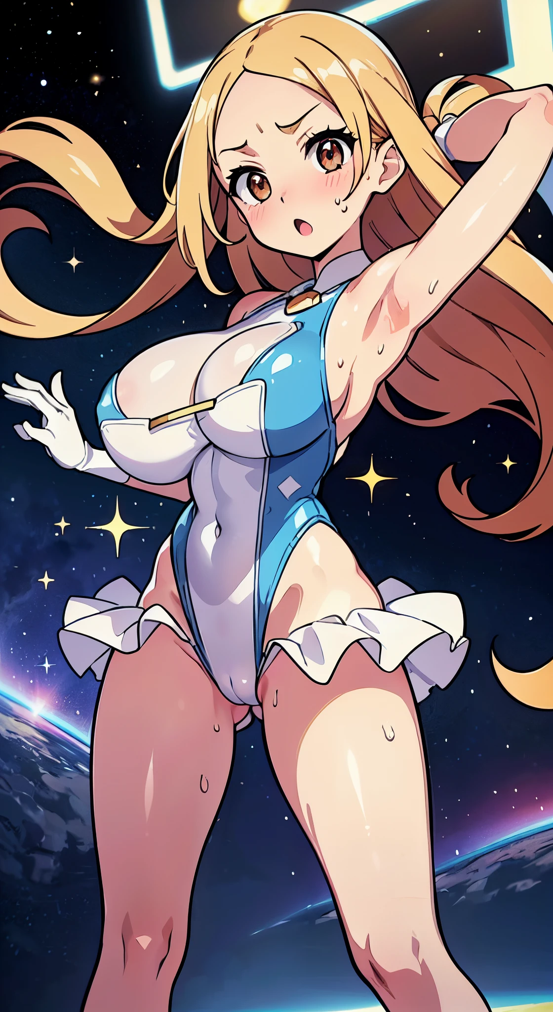 hiquality、16 K、((Huge breasts)), ((Forehead)), Parted bangs hair, glares, blush,Long hair, Brown eyes,Golden head hair,adult  woman,Sweat,,white glove,OL、(((I'm surprised)))、highleg leotard,White and light blue leotard、Light blue mini skirt、Electronic space、Jumping、
