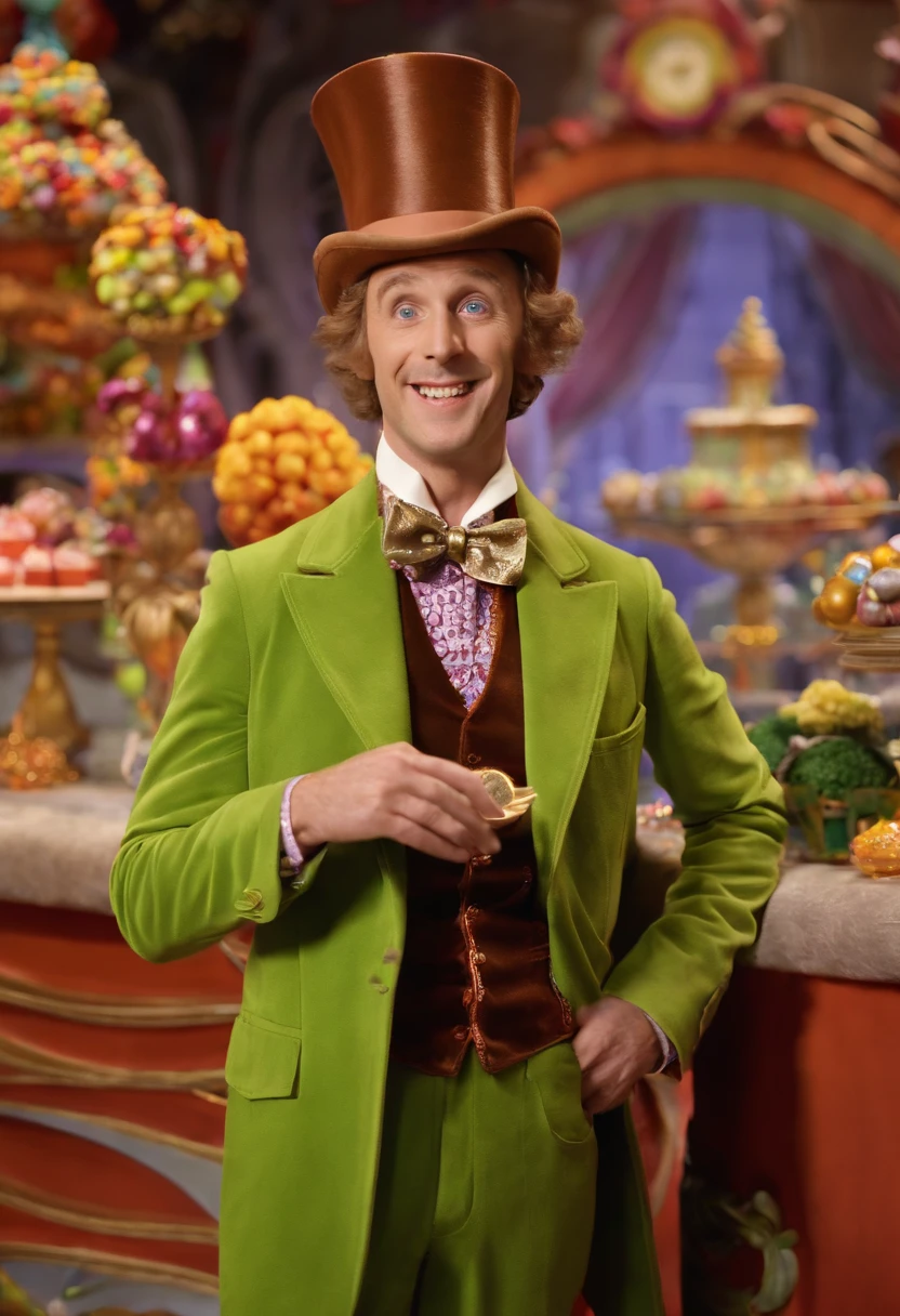 A mesmerizing video of a candy palace being delicately constructed by skilled artisans.,Charlie and the Chocolate Factory,Willy Wonka, the eccentric chocolate factory owner in Roald Dahl’s novel and its film adaptations, is known for his flamboyant and whimsical style. He typically sports a top hat, a brightly colored, tailored suit, and a bow tie, embodying his quirky and unconventional character. Wonka’s attire often includes a cane and whimsical accessories that add to his mysterious and playful persona. His bright eyes and enigmatic smile contribute to his charismatic yet unpredictable appearance., male