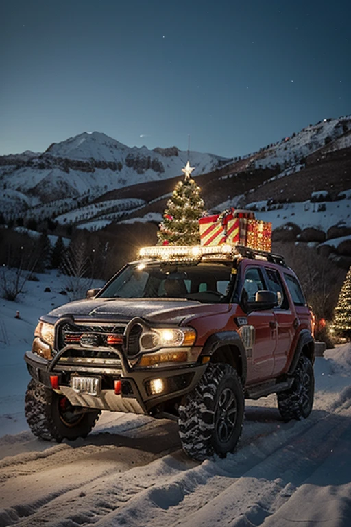 Create a festive off-road holiday card, incorporating elements of adventure and excitement. Capture the spirit of the season with a captivating image featuring off-road vehicles decked out in holiday decorations, atravessando um terreno nevado ou pitoresco. Infunda a cena com alegria, heat and the thrill of off-road exploration. Whether it&#39;s a rugged trail or a winter wonderland, let the picture convey the spirit of festive outdoor celebrations. Use your creative flair to evoke a holiday feeling