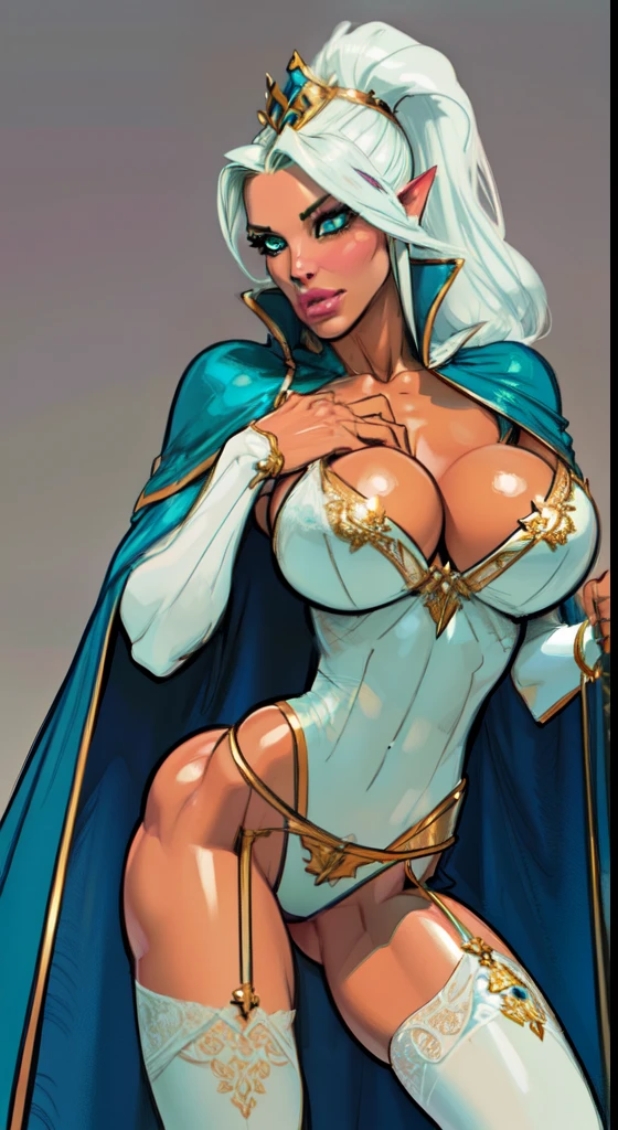 extremely long hair , ponytail, perfect anatomy 1 girl tall solo, slim thick, ((muscular)) high elf toned body, silver breast plate, aqua blue cape, slendered abs, hourglass waist, aqua blue bra, ((garter belt)), golden intricate details, detailed face, defined cheekbones, puffy lips, gauntlets, gold crown, shadow over eyes, looking at viewer, masterpiece, aqua blue thigh highs lingerie,