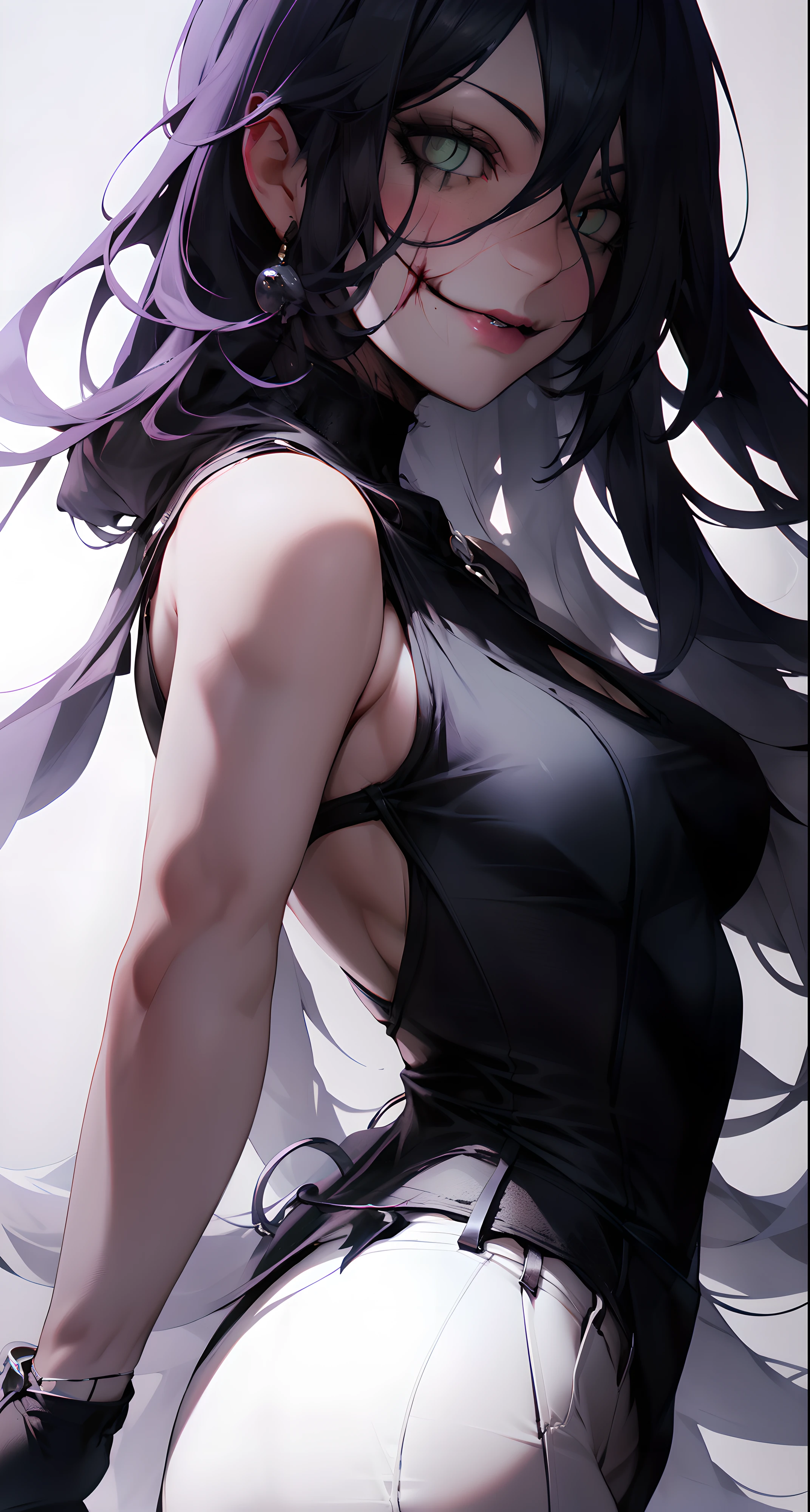 Anime woman from the back with straight hair and purple locks looking sideways in profile with purple eyes and a black lirada type t-shirt , in the best quality on black background
