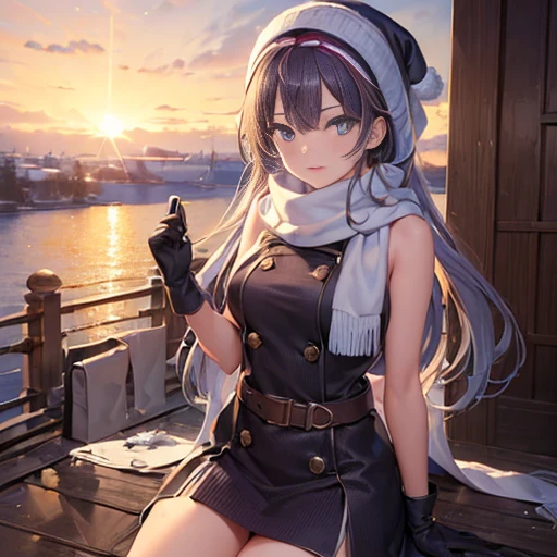 ((masterpiece:1.5)),((Finest quality)),(Ultra-high precision),8k picture, Top quality anime, Highest level of resolution,sharpnes,super fine illustration,shiny skin,detailed skin,detailed face,beautiful face, detailed eyes, beautiful big eyes, twinkle in the eyes, an extremely cute and beautiful girl, full body shot, aran sweater, coat, long skirt, thigh boots, headdress, scarf, mitten gloves, dawn ,cold