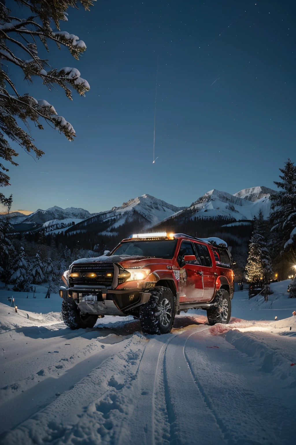 Generate a breathtaking holiday masterpiece with an off-road setting that perfectly combines the thrill of adventure with the magic of the festive season. Imagine a powerful off-road vehicle, meticulously decorated with vibrant holiday lights, ornaments and seasonal decorations, traversing an awe-inspiring winter wonderland. The snowy landscape should shine with the soft glow of moonlight, accentuating the vehicle's tracks as it conquers a challenging and enchanting off-road trail. It includes a majestic snow-covered mountain backdrop that adds a sense of grandeur to the scene. Capture the essence of joy and celebration by incorporating a beautifully decorated Christmas tree safely mounted in the vehicle, and perhaps even a group of merry holiday enthusiasts gathered around a bonfire, toasting the spirit of adventure and magic of the season. The image should evoke a sense of wonder, excitement, and the pure thrill of embracing the Christmas spirit outdoors.