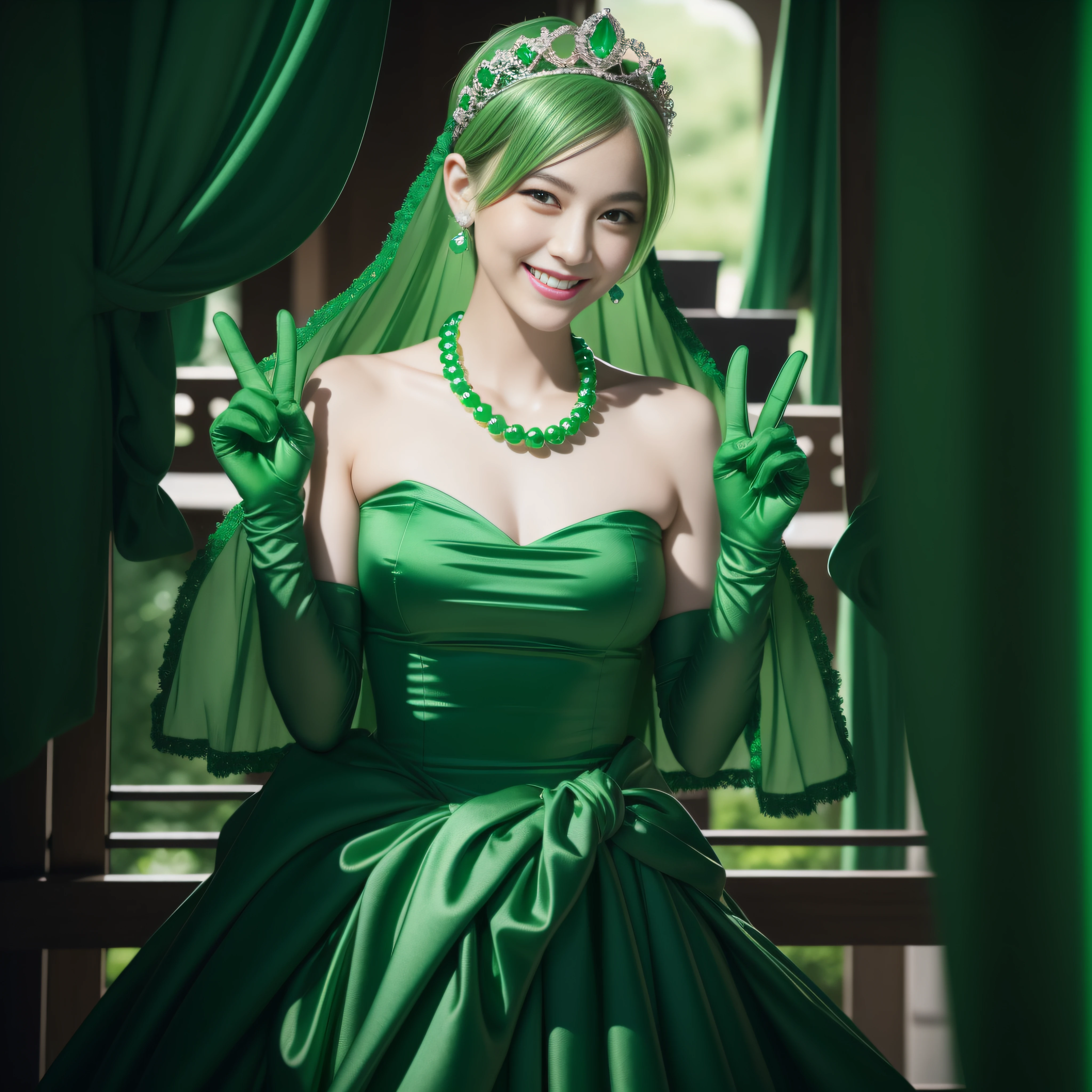 emerald tiara, Green Pearl Necklace, Boyish very short green hair, lipsticks, Japan woman smiling, very short short hair, big breasts beautiful, Green eyes, Long green gloves made of satin material, Green eyes, Emerald Earrings, green vale, v sign