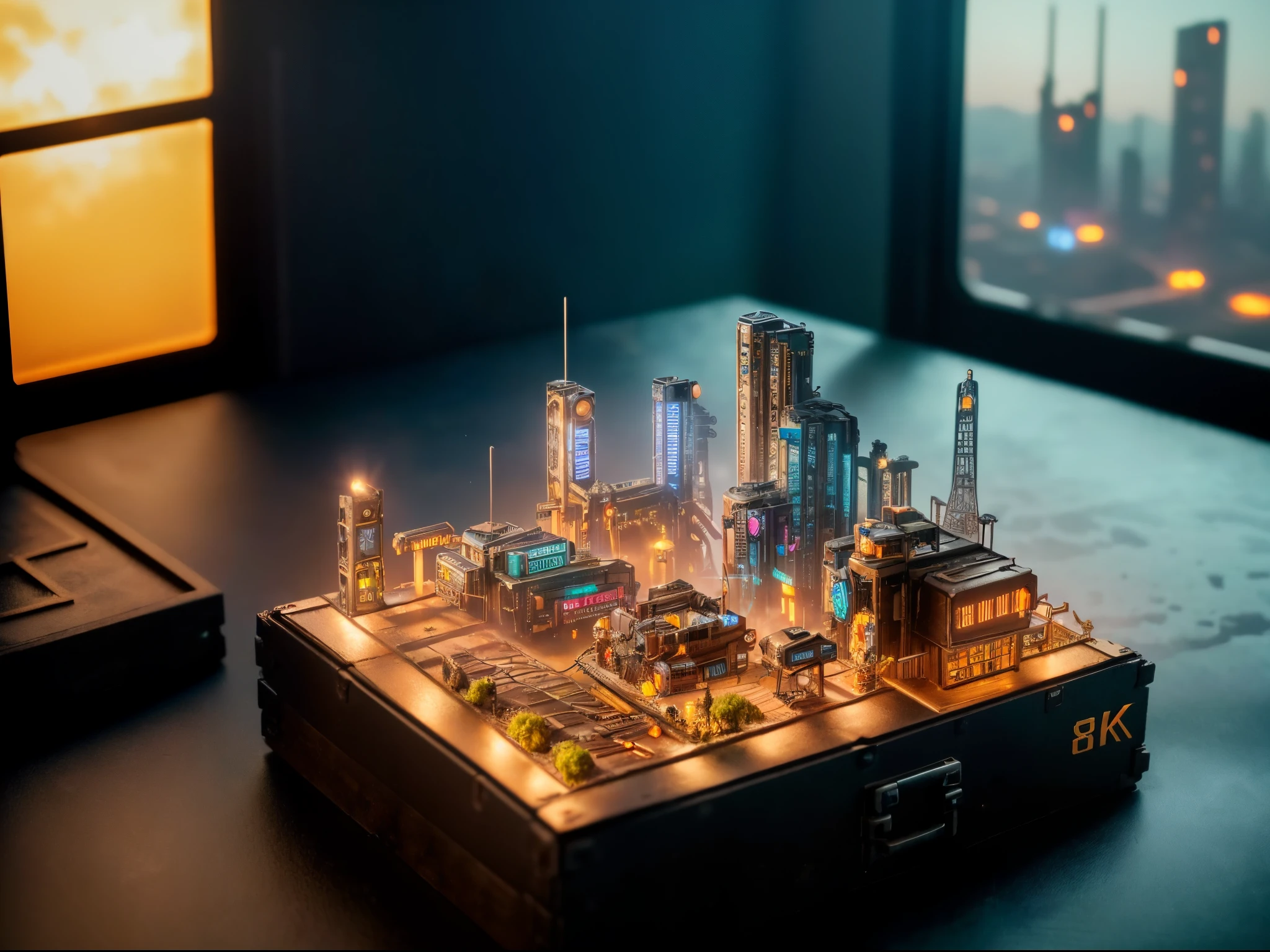 mini\(ttp\), (8k, RAW photo, best quality, masterpiece:1.4),steampunkcyberpunk city,(cyberpunk light:1.3),on desk,horizon (related to land),(in a miniature box:1.3),isometric, miniature, landscape on foundation,landscape,