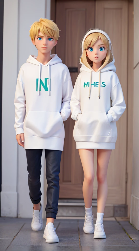 Make me a couple with white clothes and white hoodies with a brown long hair that has Letter N on her hoodie and she has green eyes and she is with blonde haired guy with blue eyes thats taller than her and muscular that has fade hairstyle with letter T on his hoodie make sure letters on hoodies are visible.