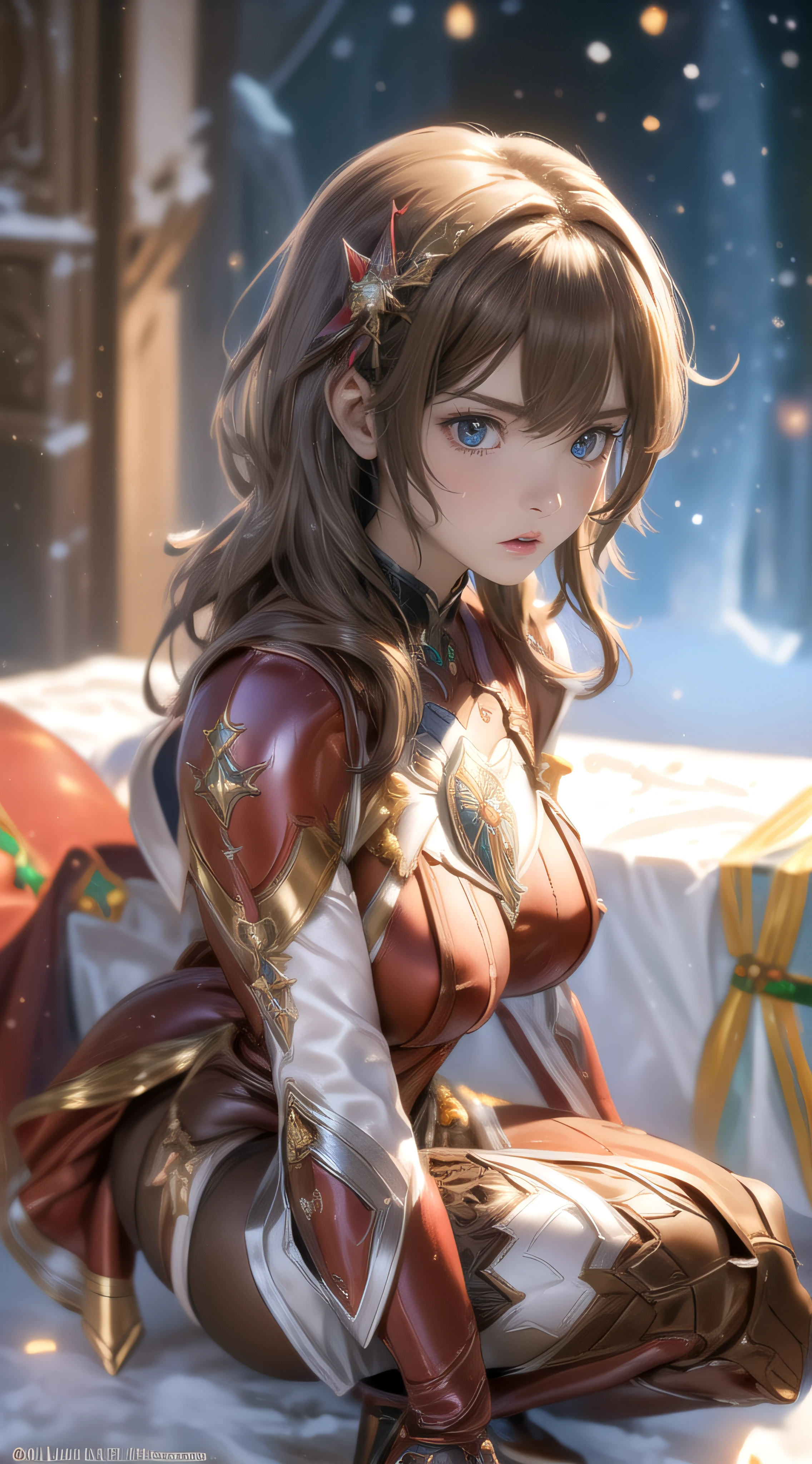 Extreme close-up,Squatting,Open legs,1girl in,Ultra detailed skin,Curve,Petite,Beautiful breasts,Large breasts,pale skin,pointed breast,Erect nipples,(Fantasy Art,Highest image quality,Hyperrealist portrait,(8K),Ultra-realistic,Best Quality, High quality, High Definition, high quality texture,high detailing,Beautiful detailed,fine detailed,extremely details CG,Detailed texture,realistic representation of face,masutepiece,presence,Dynamic,Bold),Bob Hair,(Thin hair),(Soft hair),Swept long bangs,Extra bright coppery amber hair,Hair over one eye,((Clothed:1.5),Leather boots,Leather Gauntlet,(santa dress armor:1.5),(Long Silk Salon:1.5))),mecha musume,lucifer's wings,mechs_girl_Figure
