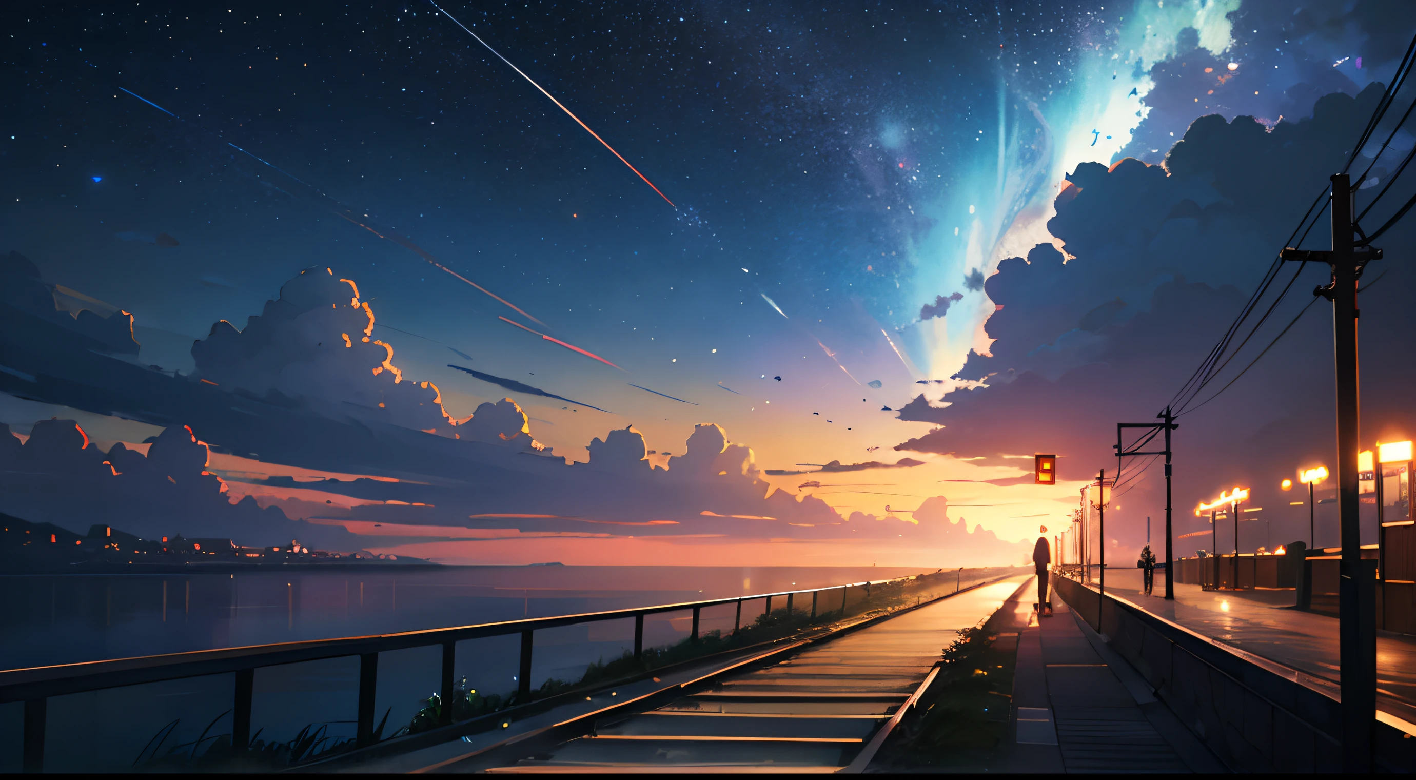 obra-prima de alta qualidade ,scenecy,anime train passing through bodies of water on tracks, Bright starry sky。Romantic train,Pisif,Conceito-Arte,estilo de arte lofi,Refletores。 por makoto shinkai, Arte Lofi, belas cenas de anime, Paisagens de anime, detailed scenery—width 672, No estilo de Makoto Shinkai, Estilo de Makoto Shinkai,aprimoramento de detalhes