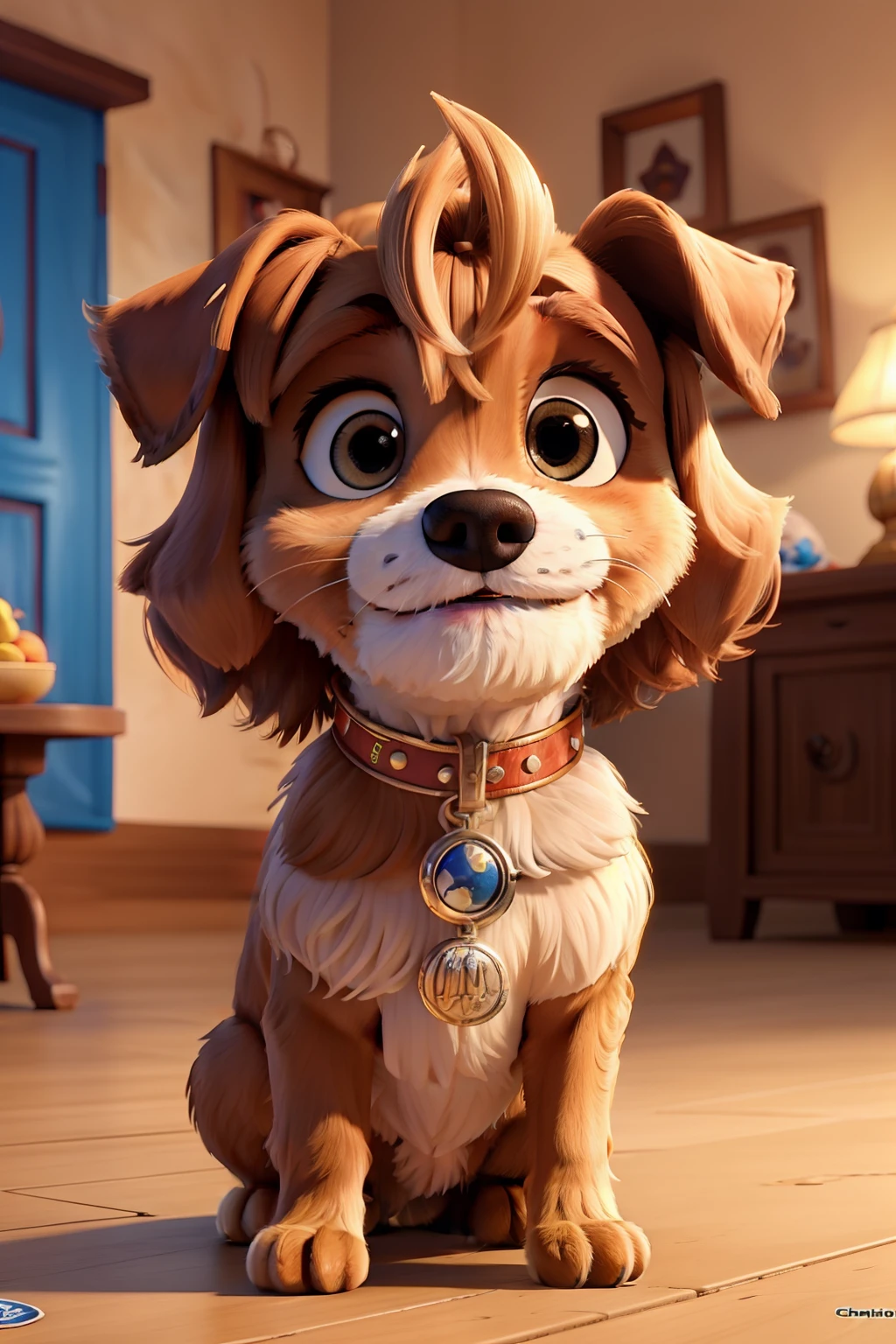 Um cachorro femea Lhasa apso banco com caramelo,olhos castanhos,com fundo natalino estilo disney pixar, alta qualidade, melhor qualidade