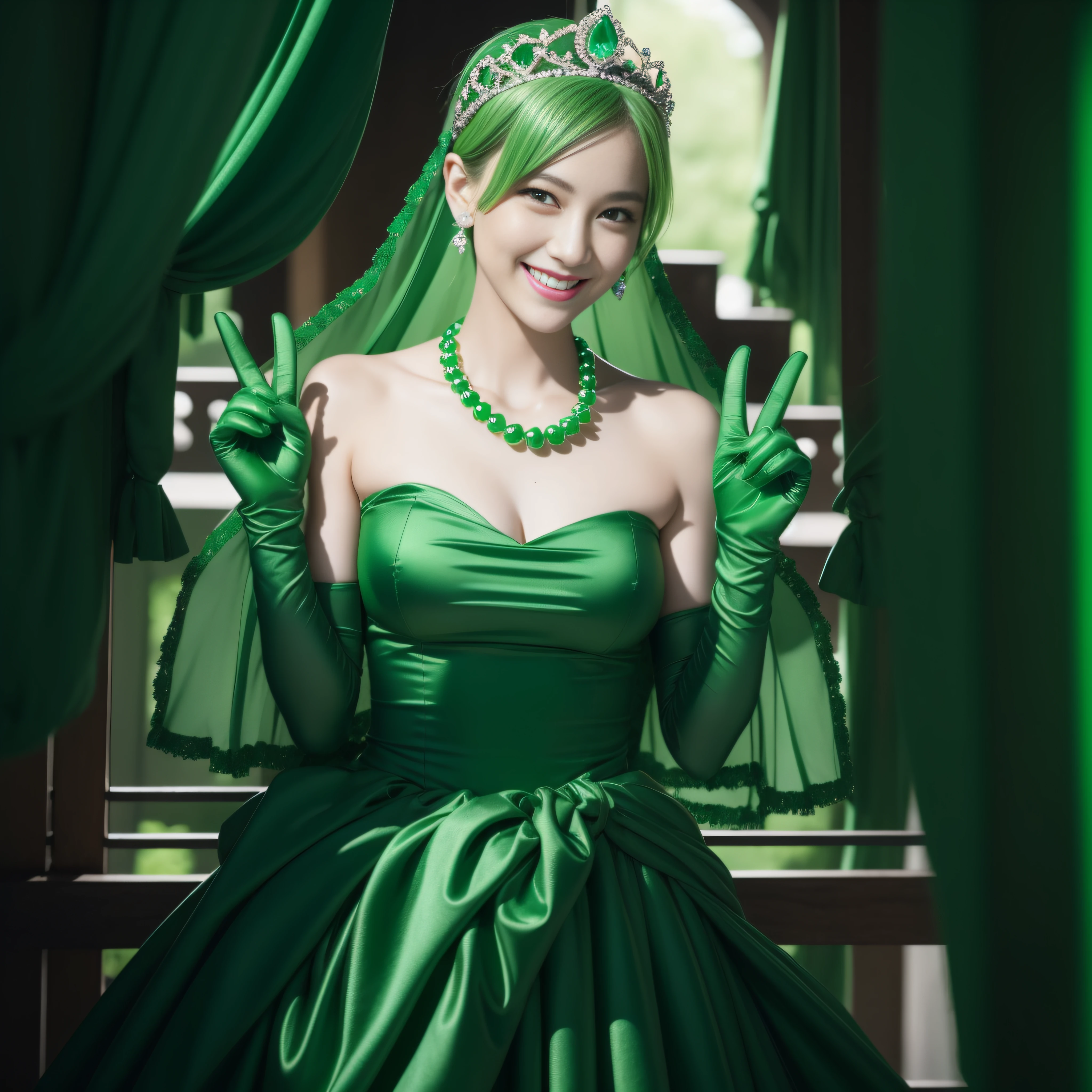 emerald tiara, Green Pearl Necklace, Boyish very short green hair, lipsticks, Japan woman smiling, very short short hair, big breasts beautiful, Green eyes, Long green gloves made of satin material, Green eyes, Emerald Earrings, green vale, v sign