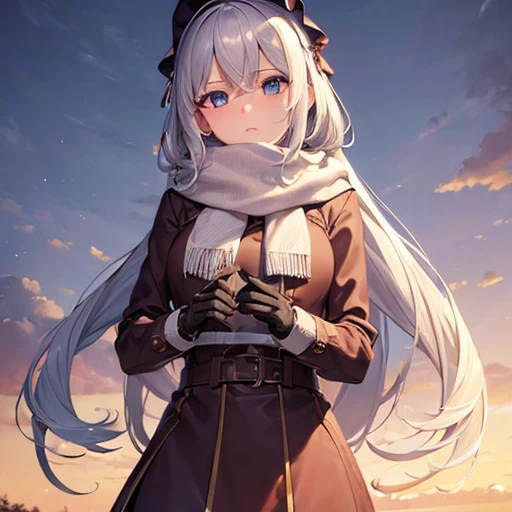((masterpiece:1.5)),((Finest quality)),(Ultra-high precision),8k picture, Top quality anime, Highest level of resolution,sharpnes,super fine illustration,shiny skin,detailed skin,detailed face,beautiful face, detailed eyes, beautiful big eyes, twinkle in the eyes, an extremely cute and beautiful girl, aran sweater, coat, long skirt, thigh boots, headdress, scarf, mitten gloves, dawn ,cold