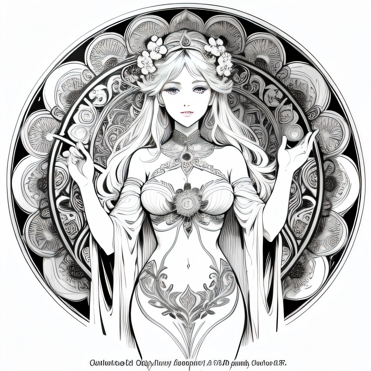 Flowers and goddess, ploynesian, garden, art for coloring book page, full white background, only use outline, line art, coloring book, clean line art, mandala for coloring with nature ornaments, simple and clean line art, coloring book page, adorned in Art Nouveau style, with a stroke of Alfons Mucha's brush, perfect details, real.