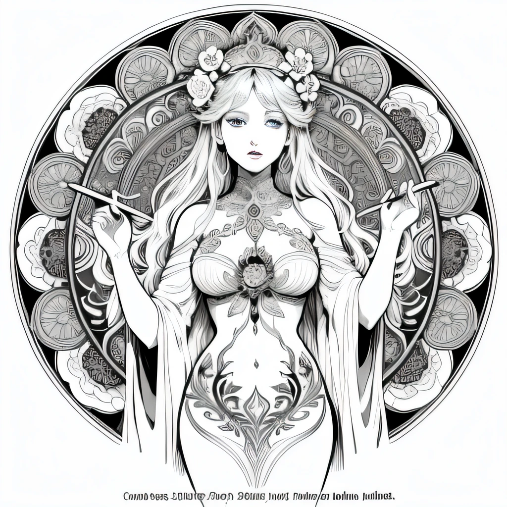 Flowers and goddess, ploynesian, garden, art for coloring book page, full white background, only use outline, line art, coloring book, clean line art, mandala for coloring with nature ornaments, simple and clean line art, coloring book page, adorned in Art Nouveau style, with a stroke of Alfons Mucha's brush, perfect details, real.