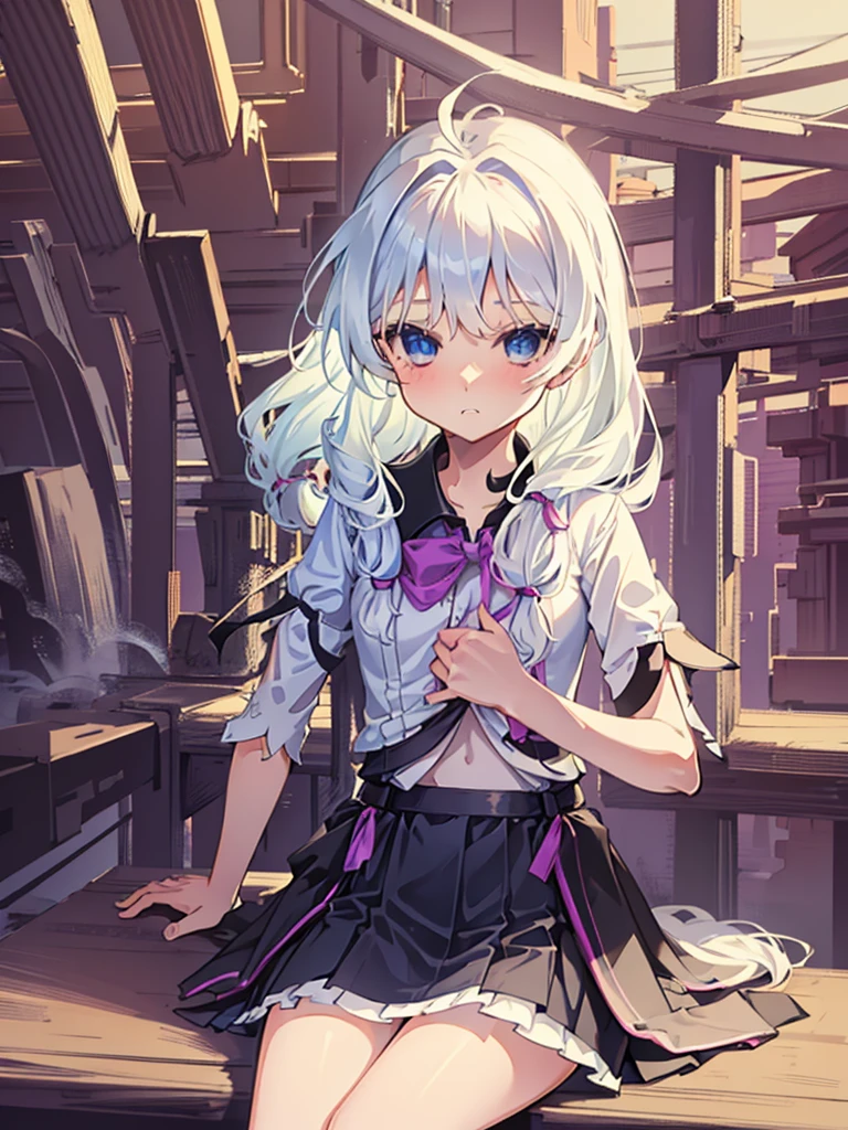 Girl with white hair，sitting on a bench，Pure and cute，Petite figure，***，Black JK school uniform，jk white uniform skirt，Sitting at the table in the classroom（Frow 1.5）（pouting 1.5）（The background is in a classroom at school：1.5），Anime style 4k，Anime rendering，style of anime，8K fineness，（Upper body display：1.5）（电影灯光：1.5）（Flat chest 1.5）（Little **** 1.5）