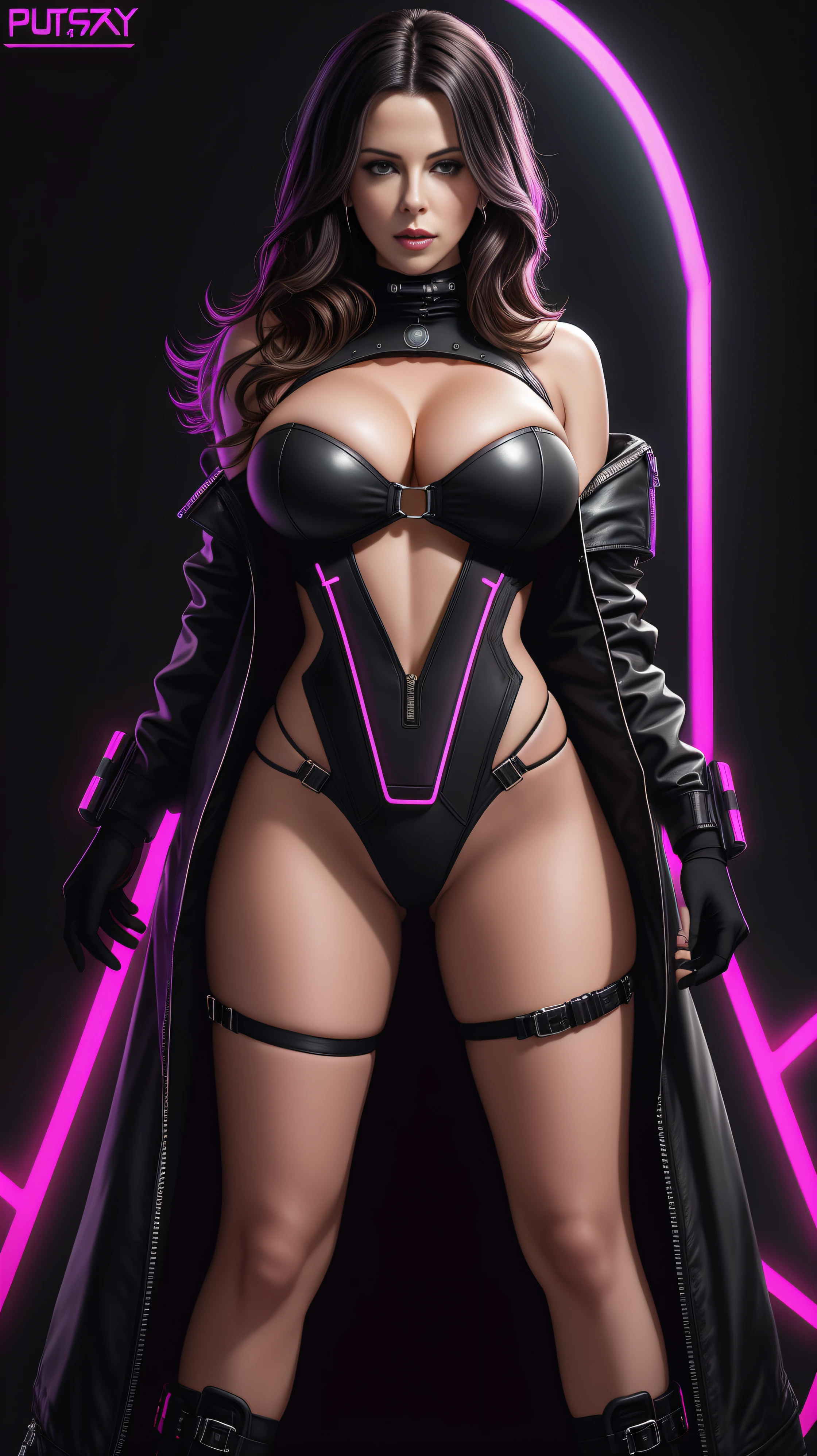 there is Kate Beckinsale standing, 3 d neon art of a womans body, neon-noir background, cyberpunk femme fatale, seductive cyberpunk dark fantasy, cyberpunk strip clubs, cyberpunk 20 y. o model girl, oppai cyberpunk, banner, high definition cgsociety, cgsociety masterpiece, trending on cgstation, kda, random hair, looking at camera, gigantic breasts, cleavage, (high detailed skin:1.2), 8k uhd, dslr, super lighting, high quality, film grain, high res, highly detailed, hyper realistic, beautiful face, beautiful body, beautiful eyes nose lips, alluring expression, very bold, upper boobs visible, full body photo, standing legs apart, pale translucent glowing skin, most beautiful face, cute, (well defined pubic hair:1.2)), (dark plain black background:1.4))