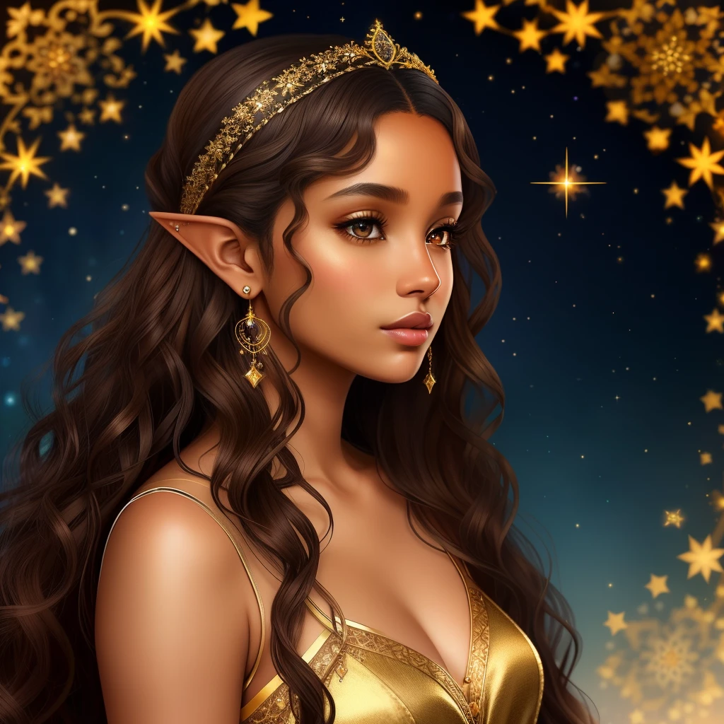 a realistic photo of young adult womanher skin is a medium shade of brown/carmel, she has gold eyes, small short pointy ears, plump lips, her hair is long thick and curly are is a dark starry blue, she is a faerie queen and is dressed in simple yet beautiful clothes