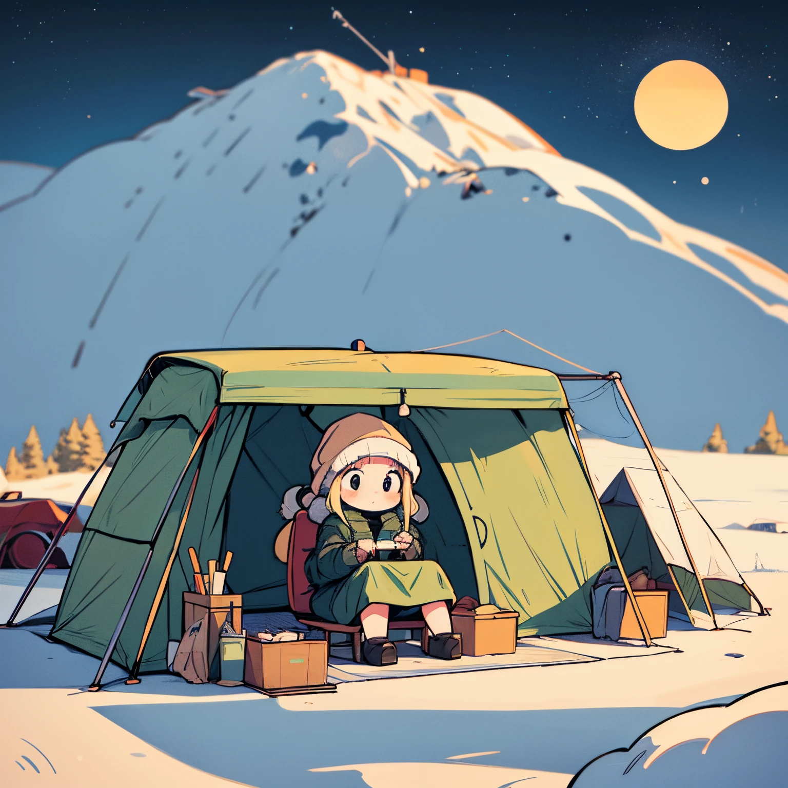 Wide illustration in a simple and muted color palette, emphasizing the chibi girl, inspired by 'Yuru Camp△', as she sits among an extensive collection of camping equipment, from tents to advanced cooking gear, with a vintage motorcycle adding a touch of nostalgia, all under a gently blurred starlit winter sky.