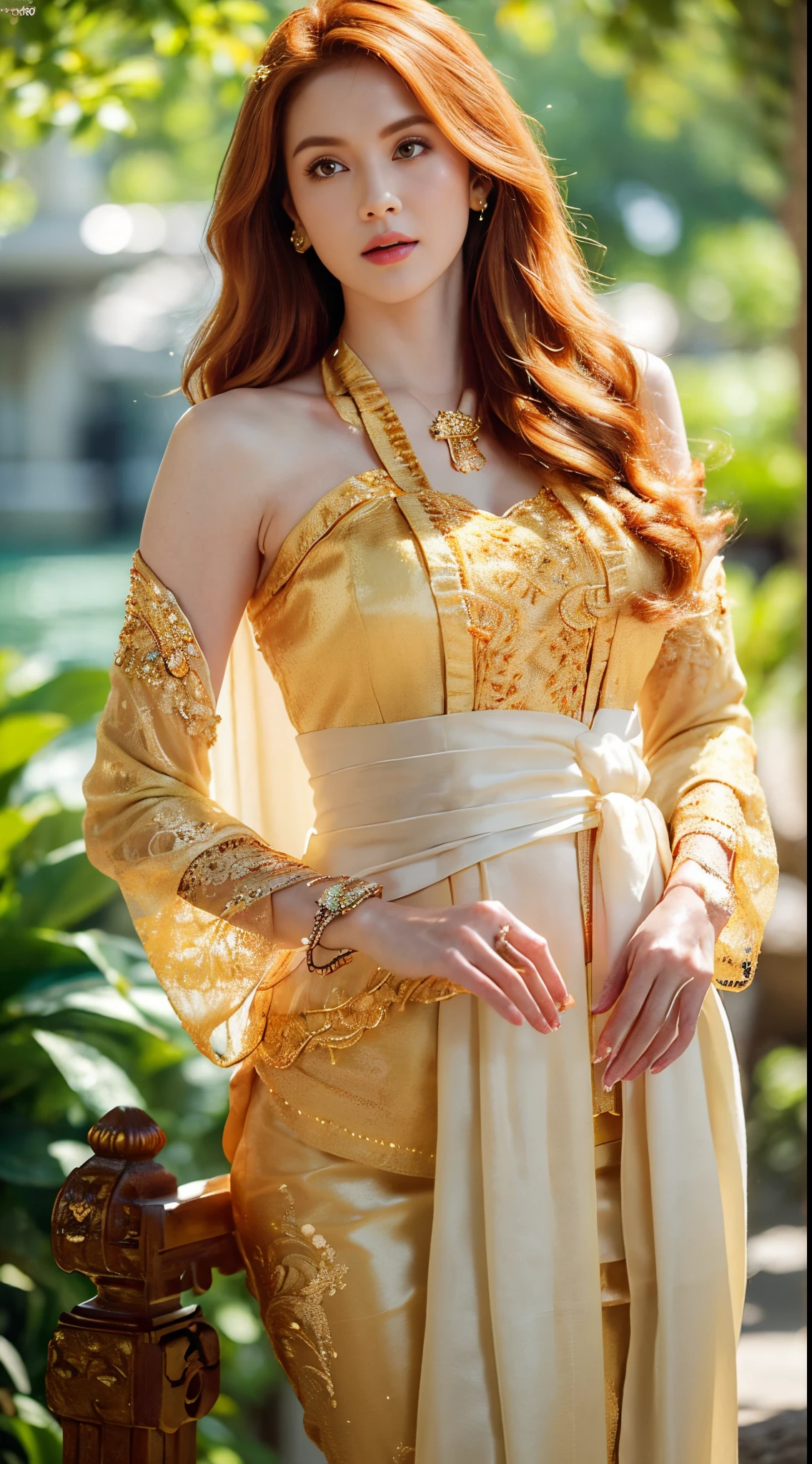 Photorealistic Production, (One Person), (Realistic Image of a 25 Years Old British Female Model), (Shoulder-level Wavy Ginger Hair:1.6), (Athletic Body Builds:1.4), (Pale Skin:1.4), (Wearing a White Ornated Kebaya Dress with Silk Cloth and Golden Jeweleries:1.6), (Serious Face), (Deep Cleavage), (Elegant Pose:1.6), Centered, (Waist-up Shot:1.4), From Front Shot, Insane Details, Intricate Face Detail, Intricate Hand Details, Cinematic Shot and Lighting, Realistic Colors, Masterpiece, Sharp Focus, Ultra Detailed, Taken with DSLR camera, Realistic Photography, Depth of Field, Incredibly Realistic Environment and Scene, Master Composition and Cinematography