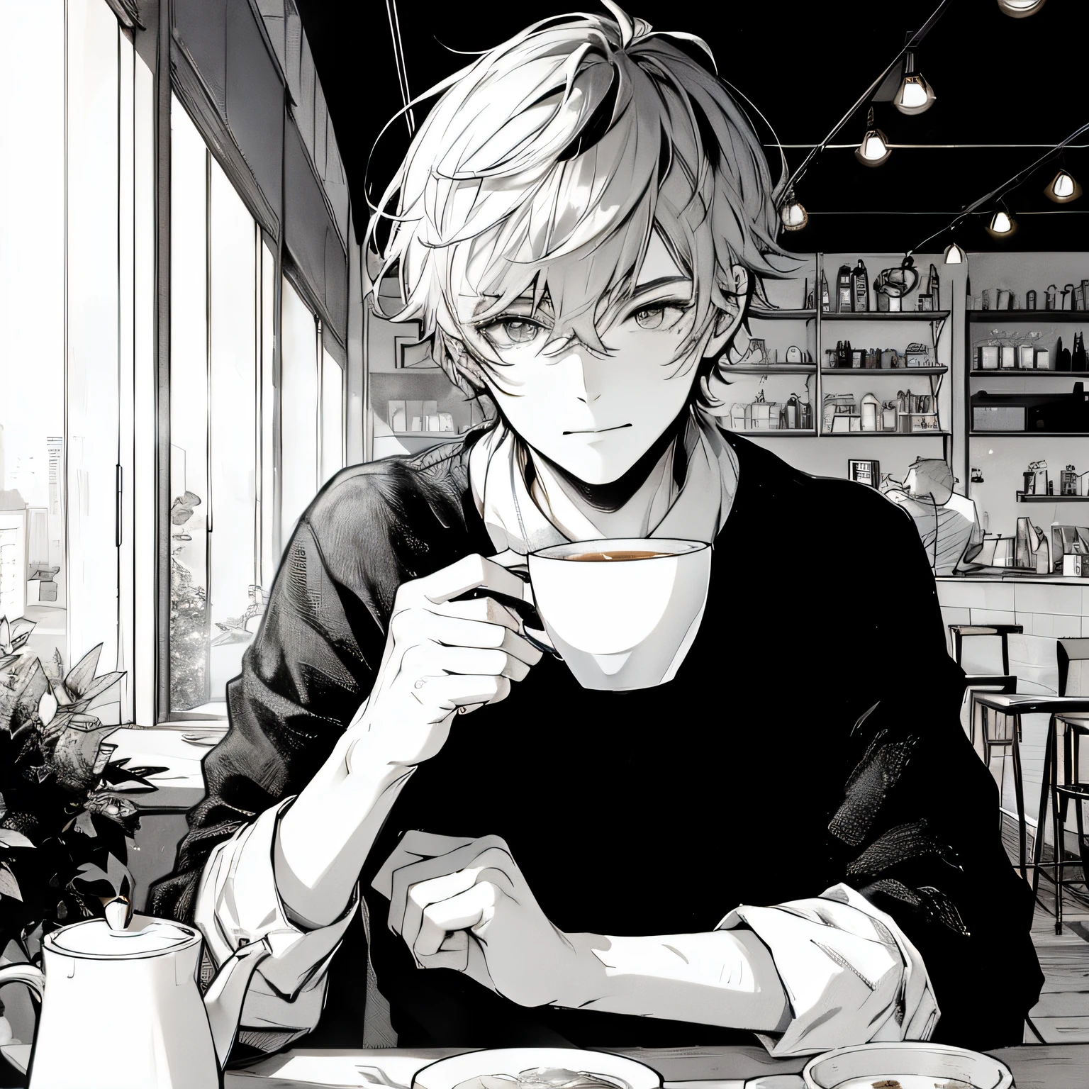 a young man drinking tea in a cafe , with color