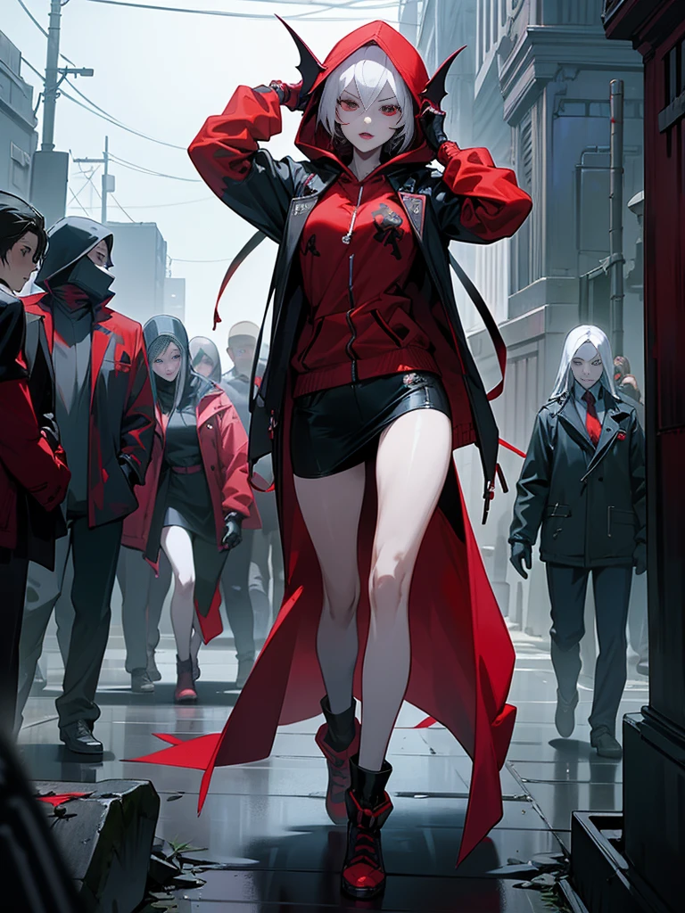 anime, female vampire, pale skin, wearing a RED rob hoody, wearing gloves, walking on the street, walking deads around, GRAVEYARD in the backgrounds, comic style, cyberpunk, 4k, high resolution, highly detailed, highly detailed face, full body portrait, slim body, intricate details, highly detailed