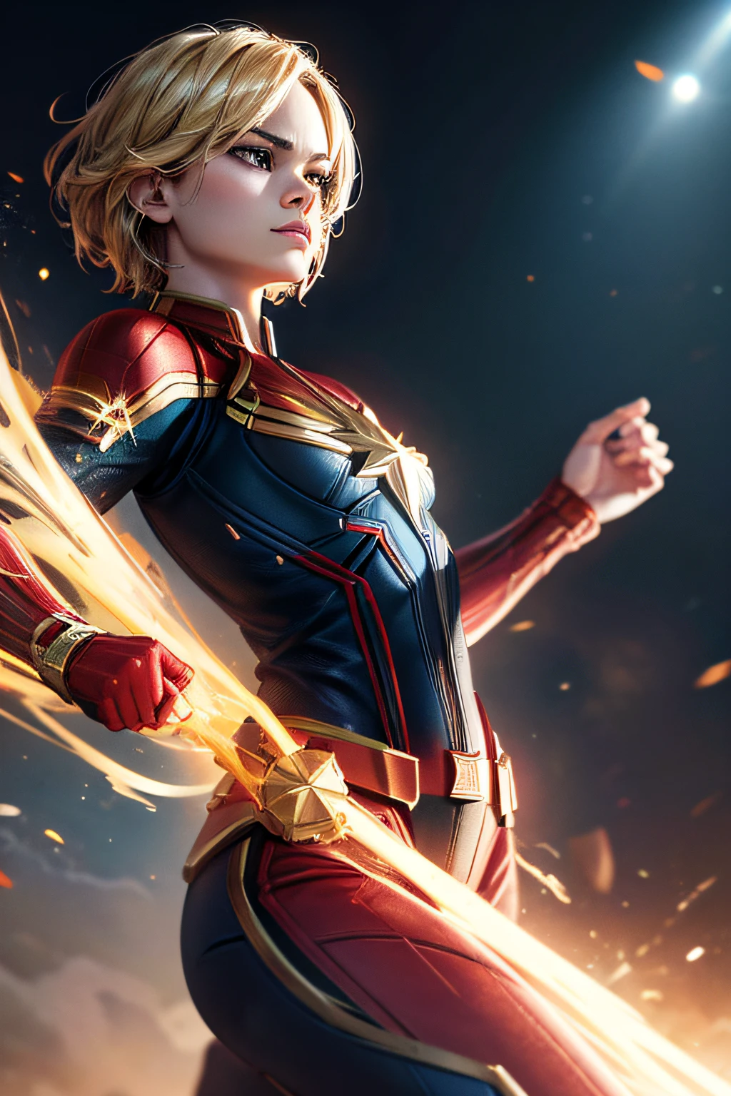Captain Marvel, combat stance, highly detailed, vibrant appearance, creative behavior, extremly detailed, imaginative, sensual, spontaneous, small breasts, sexi, revealing, highest quality, skin texture, intricate details, (cinematic lighting), RAW photo, 8k, masterpiece,best quality,ultra-detailed,very detailed illustrations,extremely detailed,intricate details,highres,super complex details,extremely detailed 8k cg wallpaper,