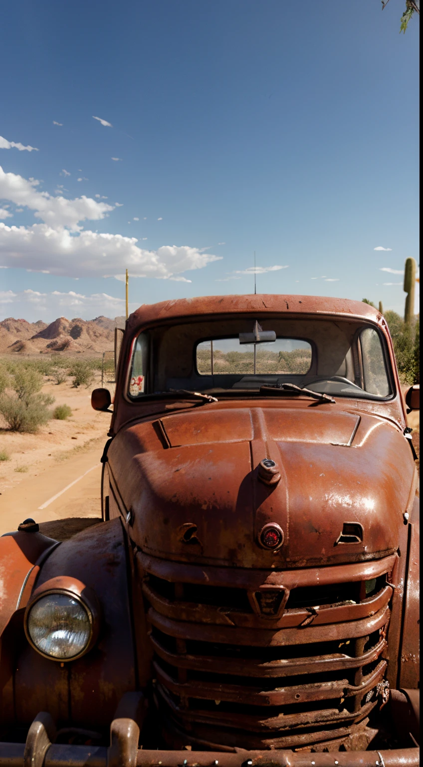 A rose bush with red roses grows inside an old rusty car in a desert environment, com um por do sol, as nuvens avermelhada e um sol muito grande, muito realista
