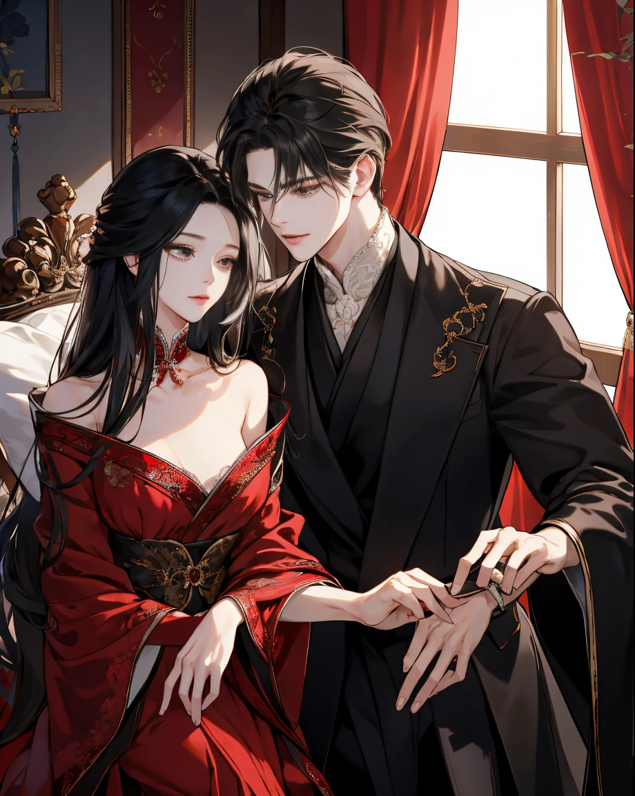 tmasterpiece, Best quality, 8K, high detal, ultra - detailed,of a handsome man，Wearing a classic black noble robe，cabelos preto e longos。His facial features are very distinct，The expression is focused and gentle，Look at the girl next to you。The girl is wearing a beautiful red dress，The hairstyle is elegantly coiled，Showing slender collarbones and delicate ears。Her lips opened slightly，Their hands touch lightly。the whole bedroom，The curtains flutter gently，natta，starrysky，petals，Looking from the front to the side，The man bowed his head，looking at girl tenderly，Their bodies are trembling slightly，Feel each other's breathing and heartbeat。The whole picture is full of romance and affection，Let people feel the charm and power of love。darkly，