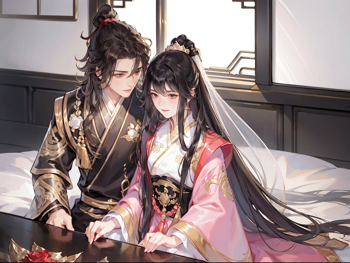 ((tmasterpiece)), Best quality at best, Excellent illustration, a couple kissing, soft focus, 1 boy with long black hair, yellow-eyed，Wearing black Hanfu, 1 girl with long black hair, No bangs, a pink eyes，Wear a pink dress, in a luxuriously living room, Chinese furniture，opulent and exquisite atmosphere, natta，gentlesoftlighting，Boys are taller than girls, They kissed each other passionately，Attractions，red rose，Big scene，k hd，4K，