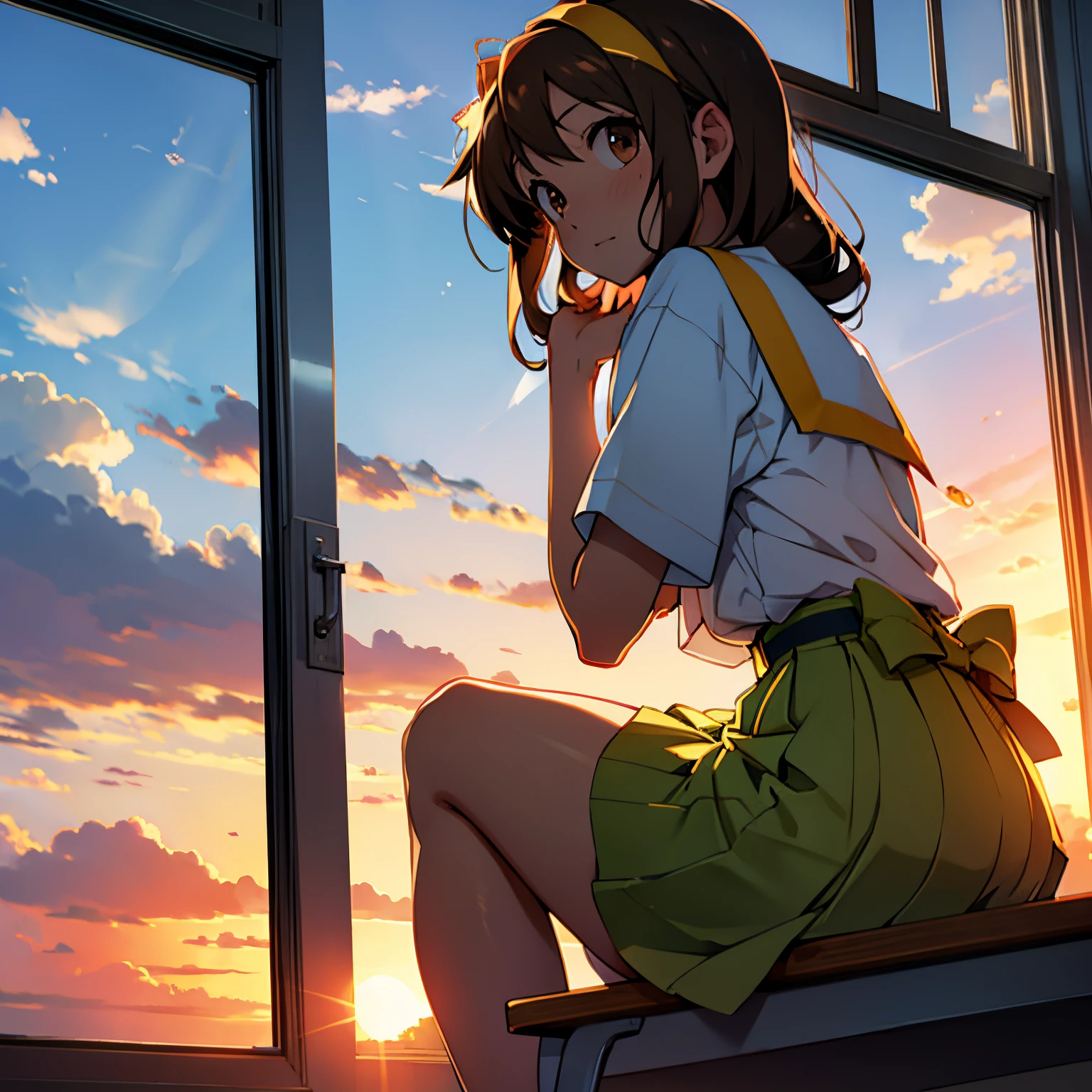 Suzumya Haruhi watches the sunset from the window at school.
