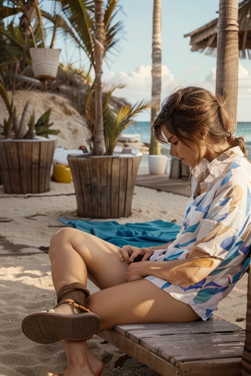 Raw photo of a young woman, around 25 years old, medium breasts, wearing a small tshirt. sprawled comfortably on a beach towel. The midday sun warms her tanned skin as a gentle breeze carries the scent of salt air. She wears a loose-fitting t-shirt and brightly colored shorts, perfect for a day at the beach. her peaceful expression with eyes closed in pure contentment. Beside her, a paperback book with a worn cover lies open, a testament to her love of reading. Every now and then, a seagull calls overhead, its cry blending with the rhythmic crash of waves against the shore. A feeling of complete relaxation and freedom washes over her as she soaks up the warmth of the sun and the beauty of the summer day.