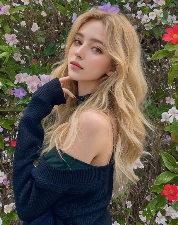 Arafed woman in a black sweater posing in front of a flower bush., Julia Sarda, Alana Fletcher, con cabello largo y rubio, taken in the early 2020s, hombro - cabello rubio largo, Belleza asombrosa, con flores, Karolina Cummings, Viktoria Gavrilenko, Imagen filtrada, Ellie Victoria Gale, 😭 🤮 💕 🎀
