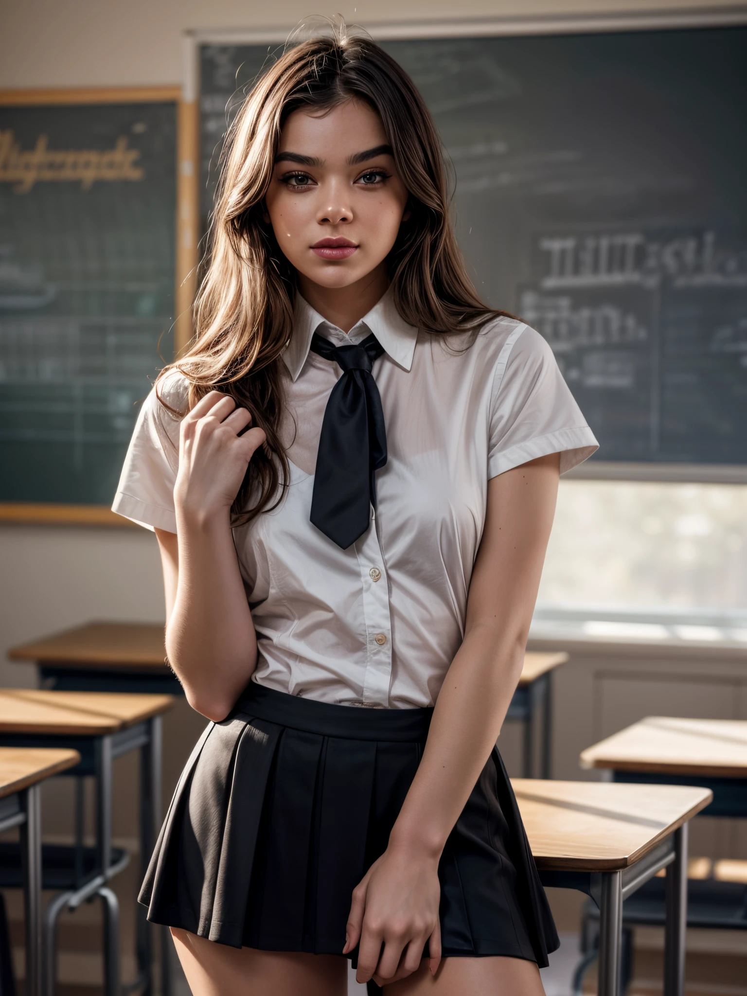 Professional whole body photo, (4K Photo:1.1) by (Jeremy Lipking:0.3), (Dittmann Anna:0.3), (Cecile:0.3), (sharp focus:1.3), high detail, Woman dressed as a schoolgirl, shirt, small black tie, black skirt, school, classroom, mid-hairlong, Instagram model pose, confident, medium breasts:1.2, perfect anatomy, perfect symmetry:1.2, realistic, realistic face:1.2, perfect face, happy, confident, very detailed, and dramatic, cinematic lighting, bright scene, soft lights,