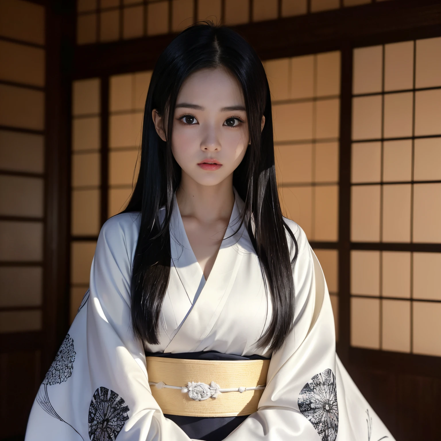 ((masutepiece、top-quality、8K、Highly Detailed and Complex Detail、The most complex and detailed textures、Super High Detail))、1 beauty、('Look at me:1.2)、(Very long black hair:1.2)、(straight haired:1.2)、(sad Facial expression:1.2)、(terrified expression:1.2)、(Very white skin:1.2)、(Plain white kimono:1.5)、(cowboy shot:1.3)、(Female upper body photo:1.3)、(Pitch black night、deep in the night、Very dark、total darkness、deep in the night)、Inside a dark Japanese house、Ancient Minjia、japanese architecture、horor、thrill、terror、ghosts、ghosting、Creepy and horror lighting expression