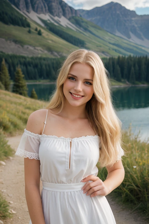 a very beautiful blond girl , well dressed, very long hair, mountain, lake,view, charming smile, flirty, photograpy,bes quality, ultra high resolution,original photo,pastel colors,ultra high image quality