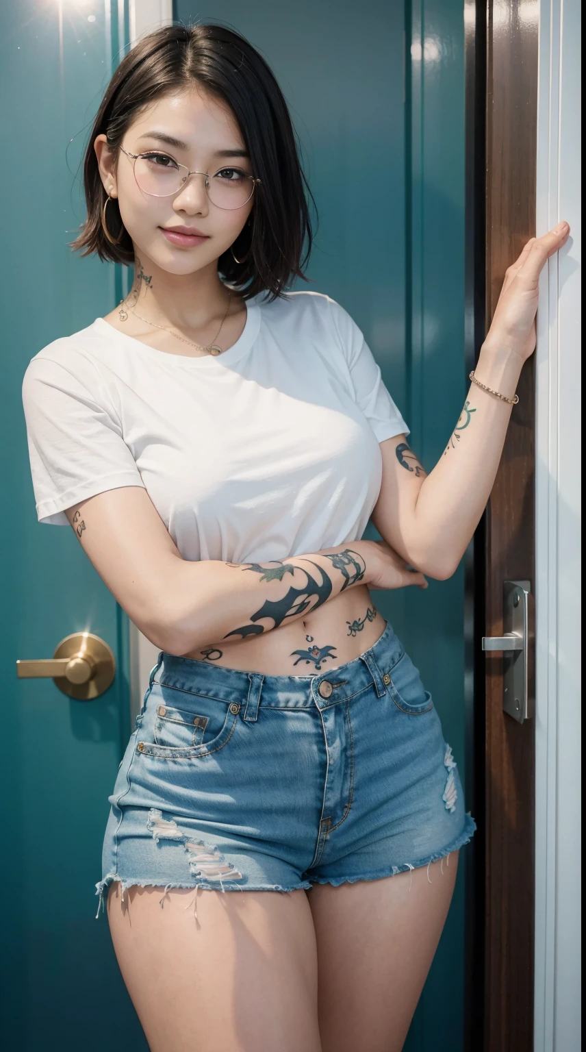 28 years old, gorgeous cute Brazilian girl, smirk, freckles, there is a woman in a white shirt and blue shorts standing in front of a door, ruan cute vtuber, dang my linh, tiktok video, low quality video, xintong chen, korean girl, young and cute girl, korean idol, 1 8 yo, with glasses, bbwchan, with short hair, Middle metaverse, famous models, good young girl, (masterpiece:1.0),(best_quality:1.0), ultra high res,4K,ultra-detailed, photography, 8K, HDR, highres, absurdres:1.2, Kodak portra 400, blurry background, bokeh, lens flare, (vibrant_color:1.2), professional photograph, (the_tattoo:1.4), (Beautiful girl), (beautiful_face:1.5), (narrow_waist).