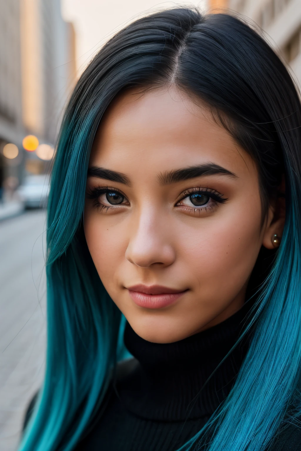 photo of (emikin:0.99), a woman as a sexy TikTok influencer, cobalt hair, blue hair , teal hair ,  twintails, happy, wearing black dress, black turtle neck , black sweater, (extremely detailed CG unity 8k wallpaper), outdoors, night , darkness , city street, photo of the most beautiful artwork in the world, Close up , (closeup:1.2), professional majestic (photography by Steve McCurry), 8k uhd, dslr, film grain, Fujifilm XT3 sharp focus, f 5.6, High Detail, Sharp focus, dramatic, Cleavage showing , (looking at viewer:1.2), (detailed pupils:1.3), (natural light), (seductive) , (masterpiece:1.3), (8k, photorealistic, RAW photo, best quality: 1.4), (1girl), beautiful face, (realistic face), beautiful hairstyle, realistic eyes, beautiful detailed eyes, (realistic skin), beautiful skin, (black sweater), absurdres, attractive, ultra high res, ultra realistic, highly detailed, golden ratio