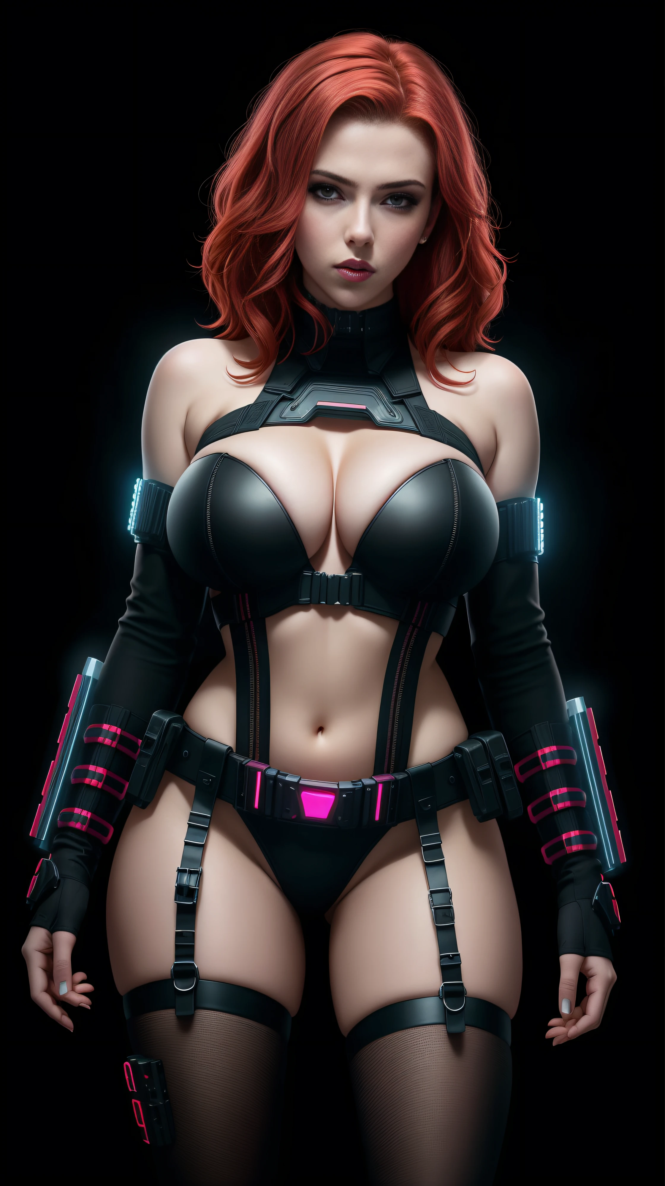 there is scarlett johansson as black widow standing, ginger red hair, 3 d neon art of a womans body, neon-noir background, cyberpunk femme fatale, seductive cyberpunk dark fantasy, cyberpunk strip clubs, cyberpunk 20 y. o model girl, oppai cyberpunk, banner, high definition cgsociety, cgsociety masterpiece, trending on cgstation, kda, random hair, looking at camera, gigantic breasts, cleavage, (high detailed skin:1.2), 8k uhd, dslr, super lighting, high quality, film grain, high res, highly detailed, hyper realistic, beautiful face, beautiful body, beautiful eyes nose lips, alluring expression, very bold, upper boobs visible, full body photo, standing legs apart, pale translucent glowing skin, most beautiful face, cute, (well defined pubic hair:1.2)), (dark plain black background:1.4))