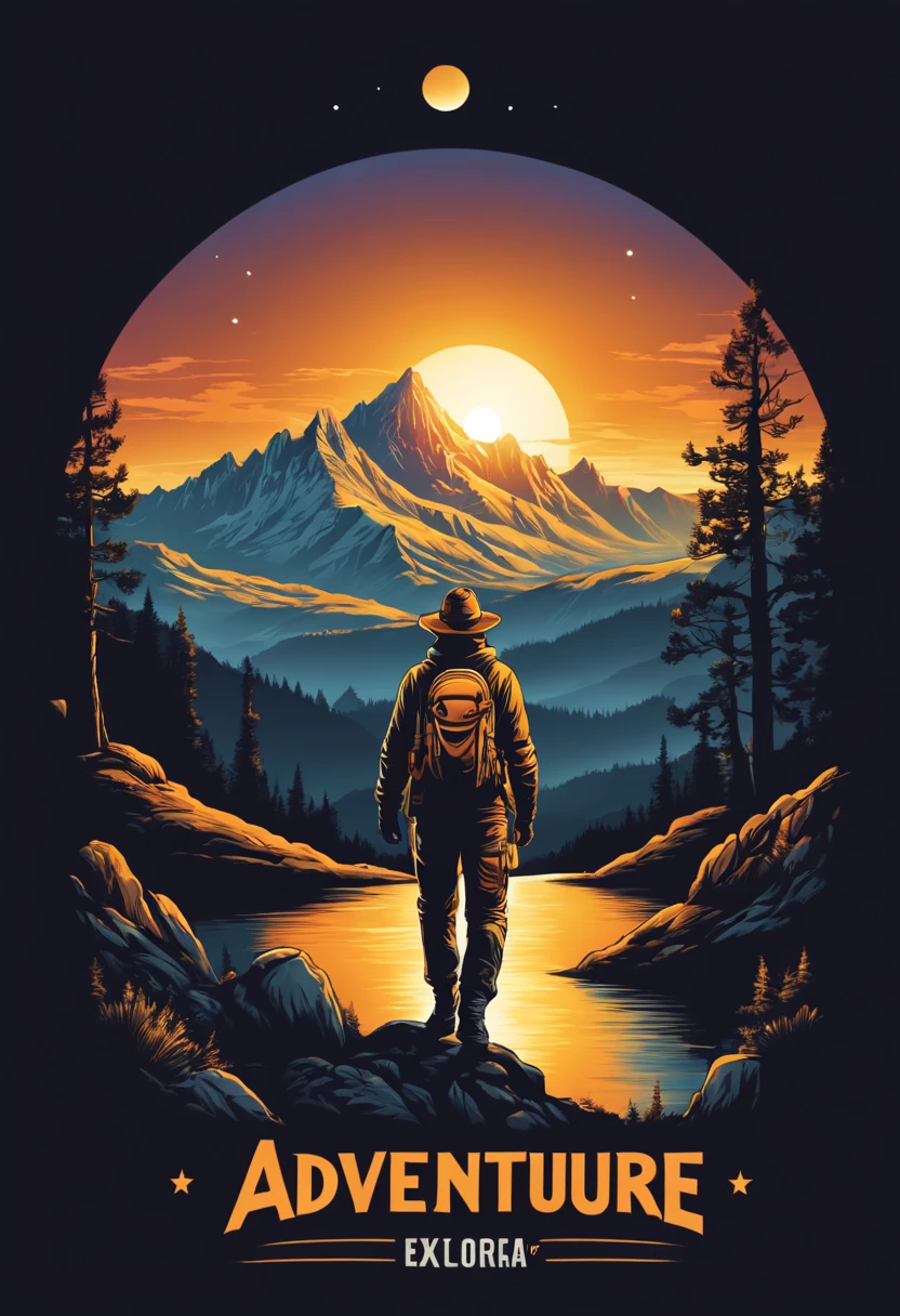 print ready vector t-shirt design, adventure scene with explorer, with beautiful nocturnal sun and mountain in the background, clean white background, professional vector, full shot, 8K resolution, deep impression illustration