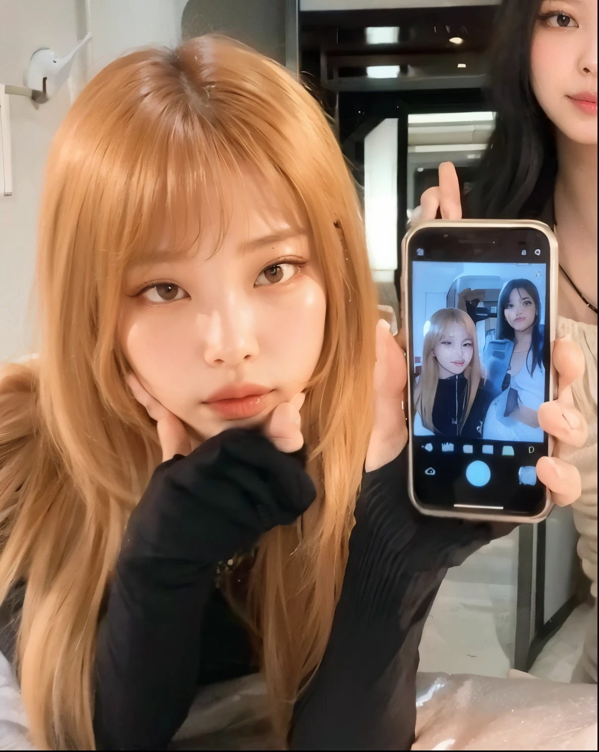 There is a woman taking a photo with her cell phone, Lalisa Manobal, lalisa manoban of rosa negro, jossi of rosa negro, roseanne park of rosa negro, Bae Suzy, El Corte Hime, long hair con flequillo completo, rosa negro, 8k selfie photograph, ulzzang, photo session, Pelo largo con flequillo, con flequillo completo