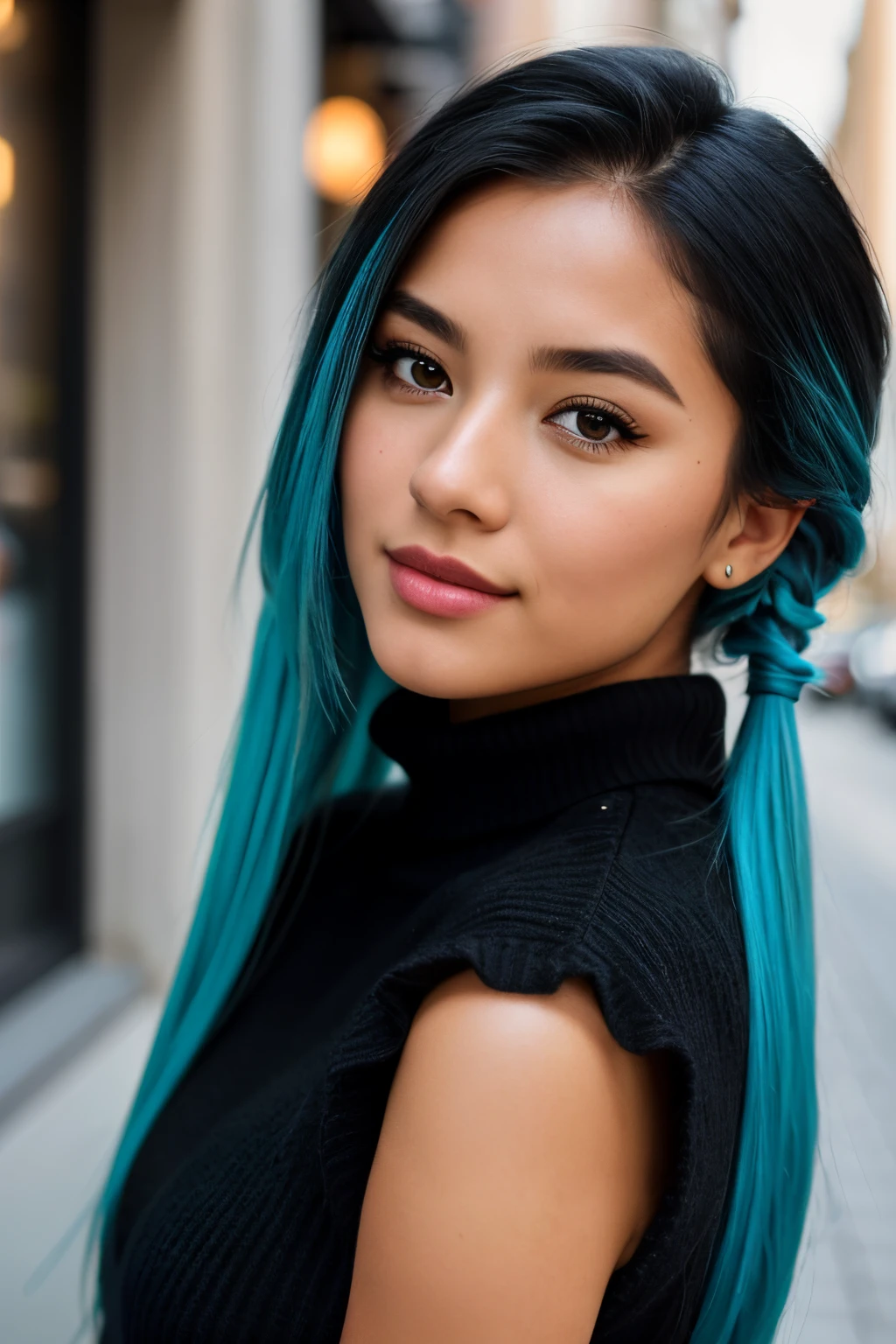photo of (emikin:0.99), full body shot , can see legs in photo , legs, a woman as a sexy TikTok influencer, cobalt hair, blue hair , teal hair , twintails, happy, wearing black dress, black turtle neck , black sweater, (extremely detailed CG unity 8k wallpaper), outdoors, night , darkness , city street, photo of the most beautiful artwork in the world, professional majestic (photography by Steve McCurry), 8k uhd, dslr, film grain, Fujifilm XT3 sharp focus, f 5.6, High Detail, Sharp focus, dramatic, Cleavage showing , (looking at viewer:1.2), (detailed pupils:1.3), (natural light), (seductive) , (masterpiece:1.3), (8k, photorealistic, RAW photo, best quality: 1.4), (1girl), beautiful face, (realistic face), beautiful hairstyle, realistic eyes, beautiful detailed eyes, (realistic skin), beautiful skin, (black sweater), absurdres, attractive, ultra high res, ultra realistic, highly detailed, golden ratio