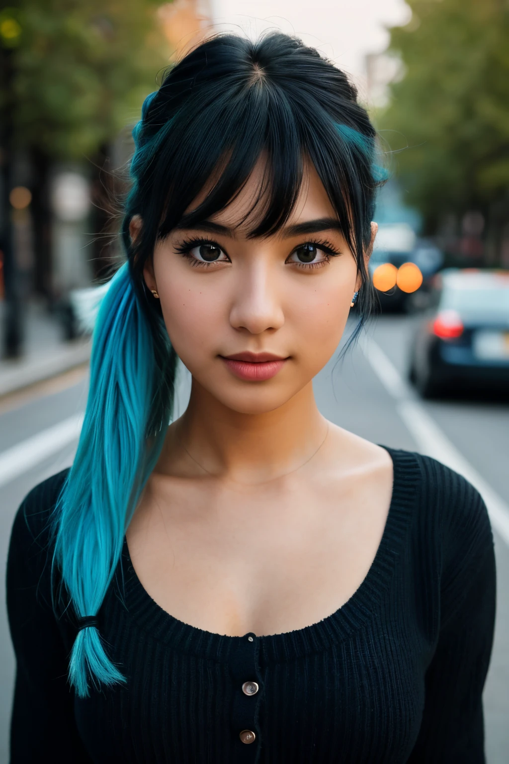 photo of (emikin:0.99), full body shot , can see legs in photo , legs, a woman as a sexy TikTok influencer, cobalt hair, blue hair , teal hair , twintails, happy, wearing black dress, black turtle neck , black sweater, (extremely detailed CG unity 8k wallpaper), outdoors, night , darkness , city street, photo of the most beautiful artwork in the world, professional majestic (photography by Steve McCurry), 8k uhd, dslr, film grain, Fujifilm XT3 sharp focus, f 5.6, High Detail, Sharp focus, dramatic, Cleavage showing , (looking at viewer:1.2), (detailed pupils:1.3), (natural light), (seductive) , (masterpiece:1.3), (8k, photorealistic, RAW photo, best quality: 1.4), (1girl), beautiful face, (realistic face), beautiful hairstyle, realistic eyes, beautiful detailed eyes, (realistic skin), beautiful skin, (black sweater), absurdres, attractive, ultra high res, ultra realistic, highly detailed, golden ratio
